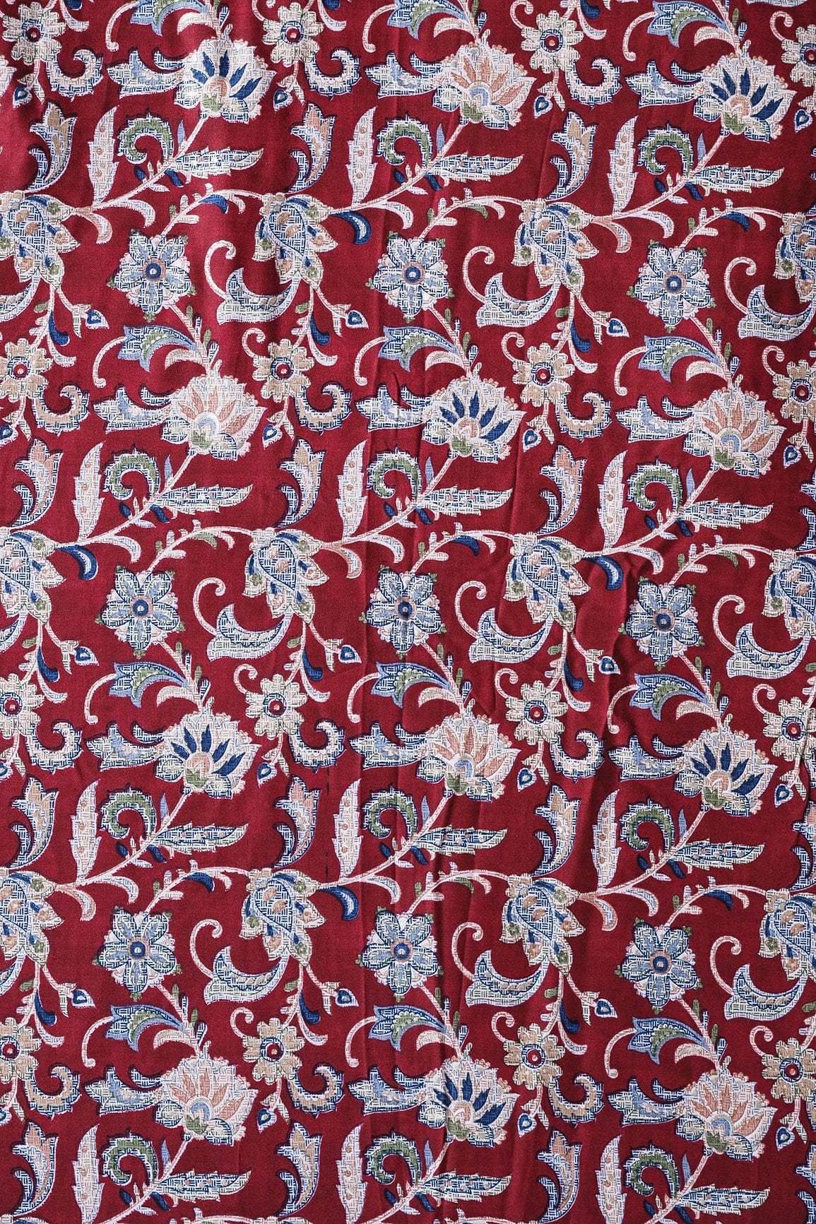 Multi Color Floral Pattern With Foil Print On Maroon Rayon Fabric - doeraa