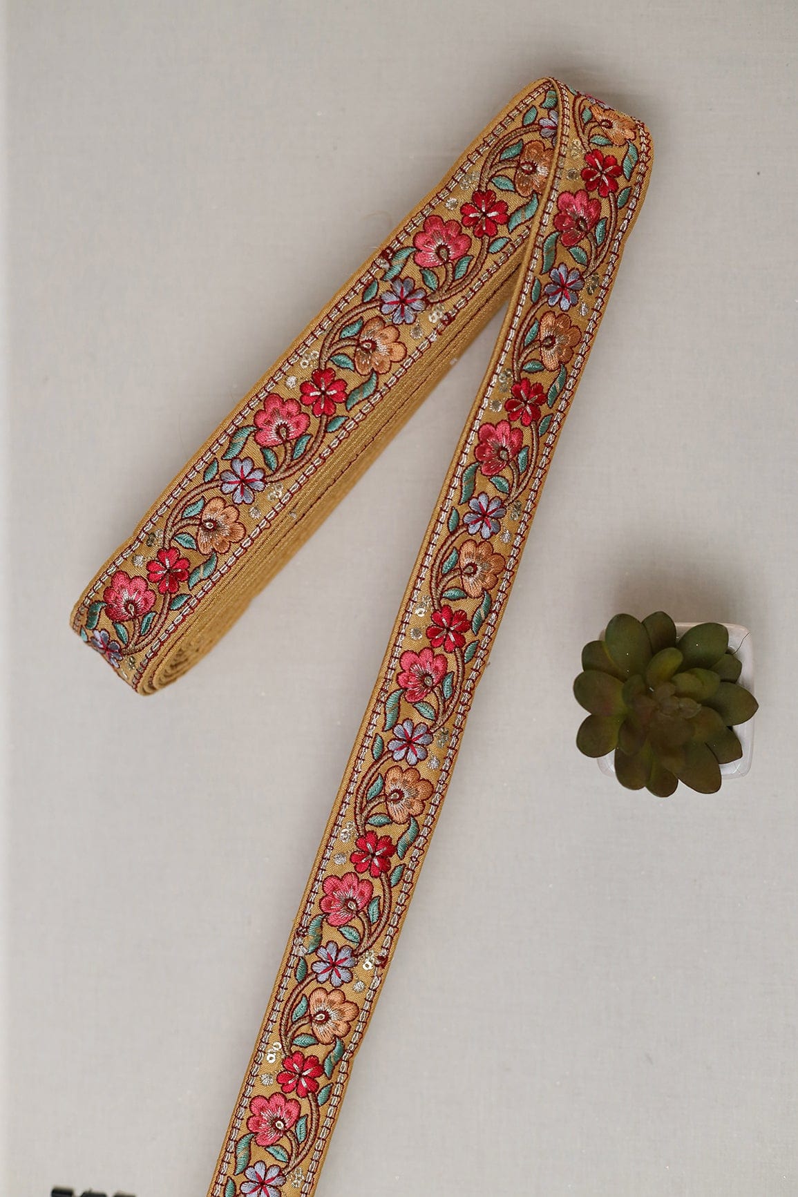 Multi Color Floral Thread Work With Gold Sequins Mustard Embroidered Lace (9 Meters) - doeraa