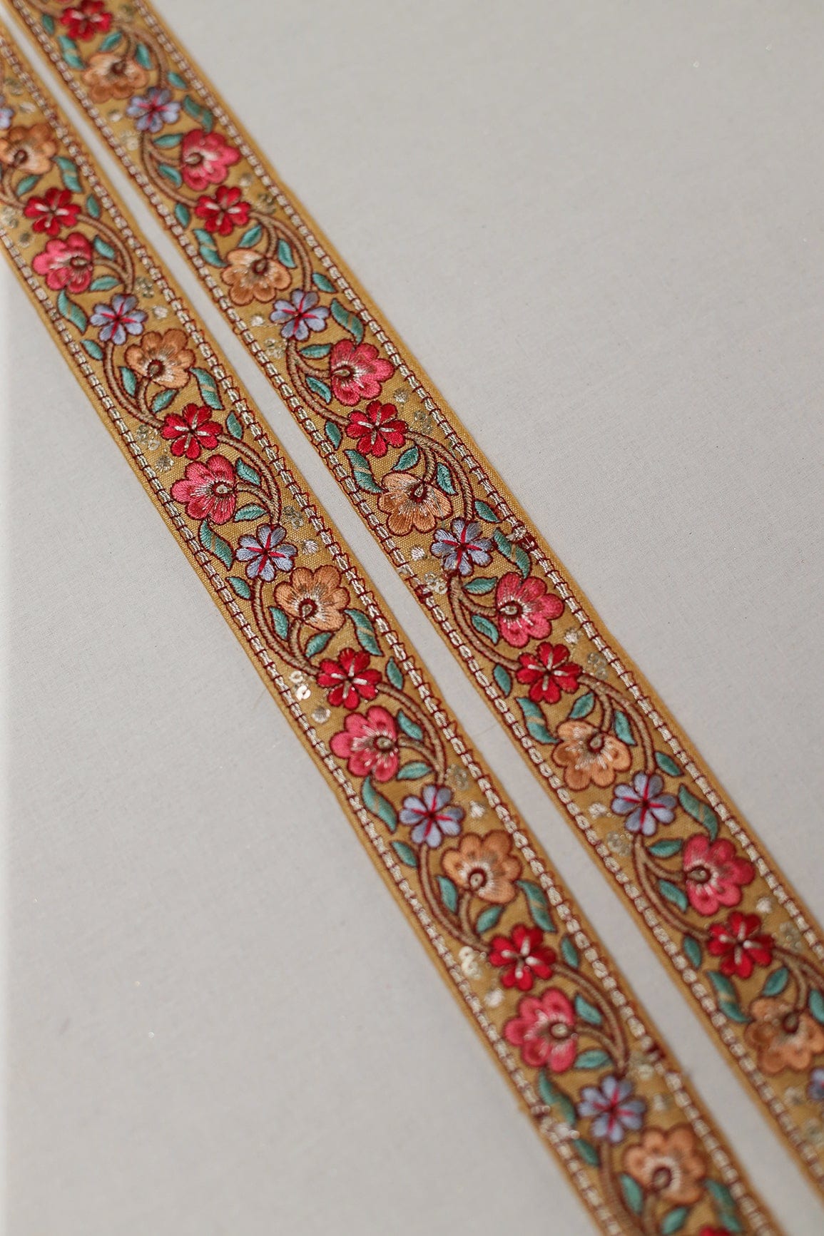 Multi Color Floral Thread Work With Gold Sequins Mustard Embroidered Lace (9 Meters) - doeraa