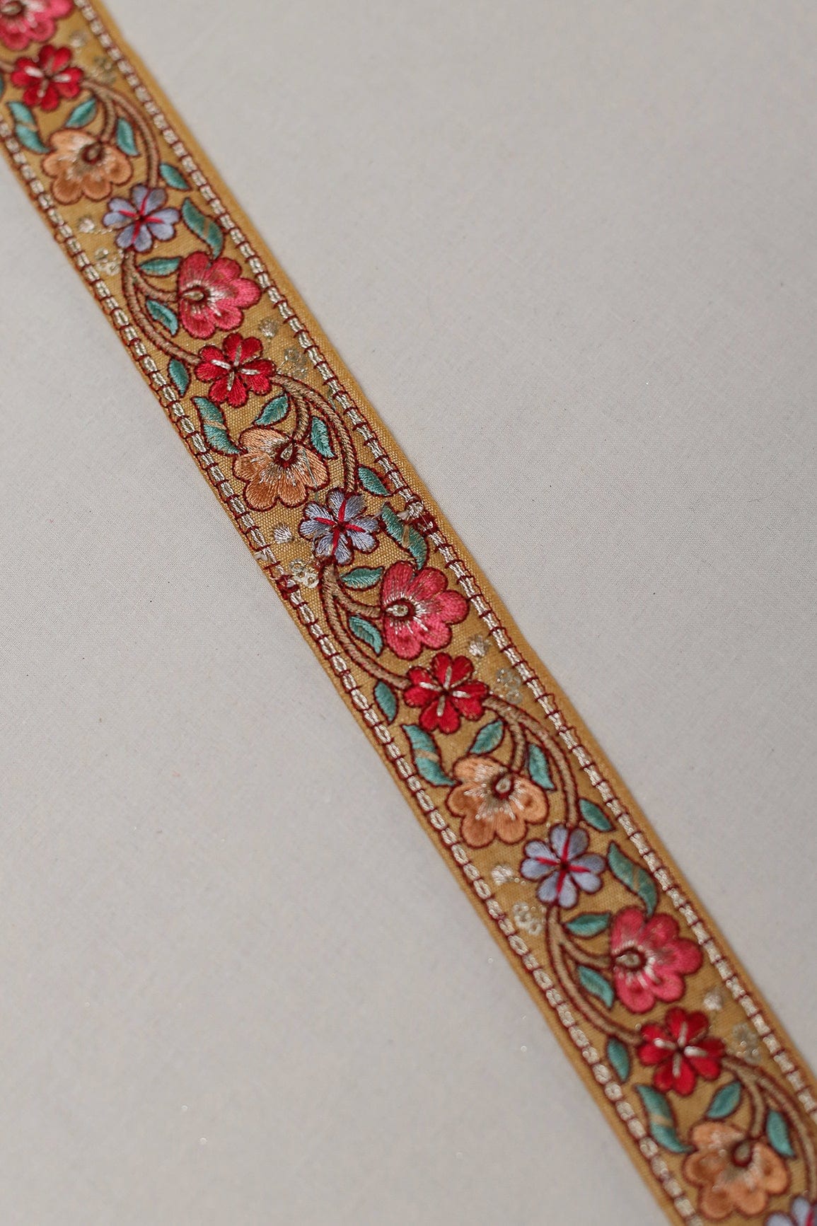 Multi Color Floral Thread Work With Gold Sequins Mustard Embroidered Lace (9 Meters) - doeraa