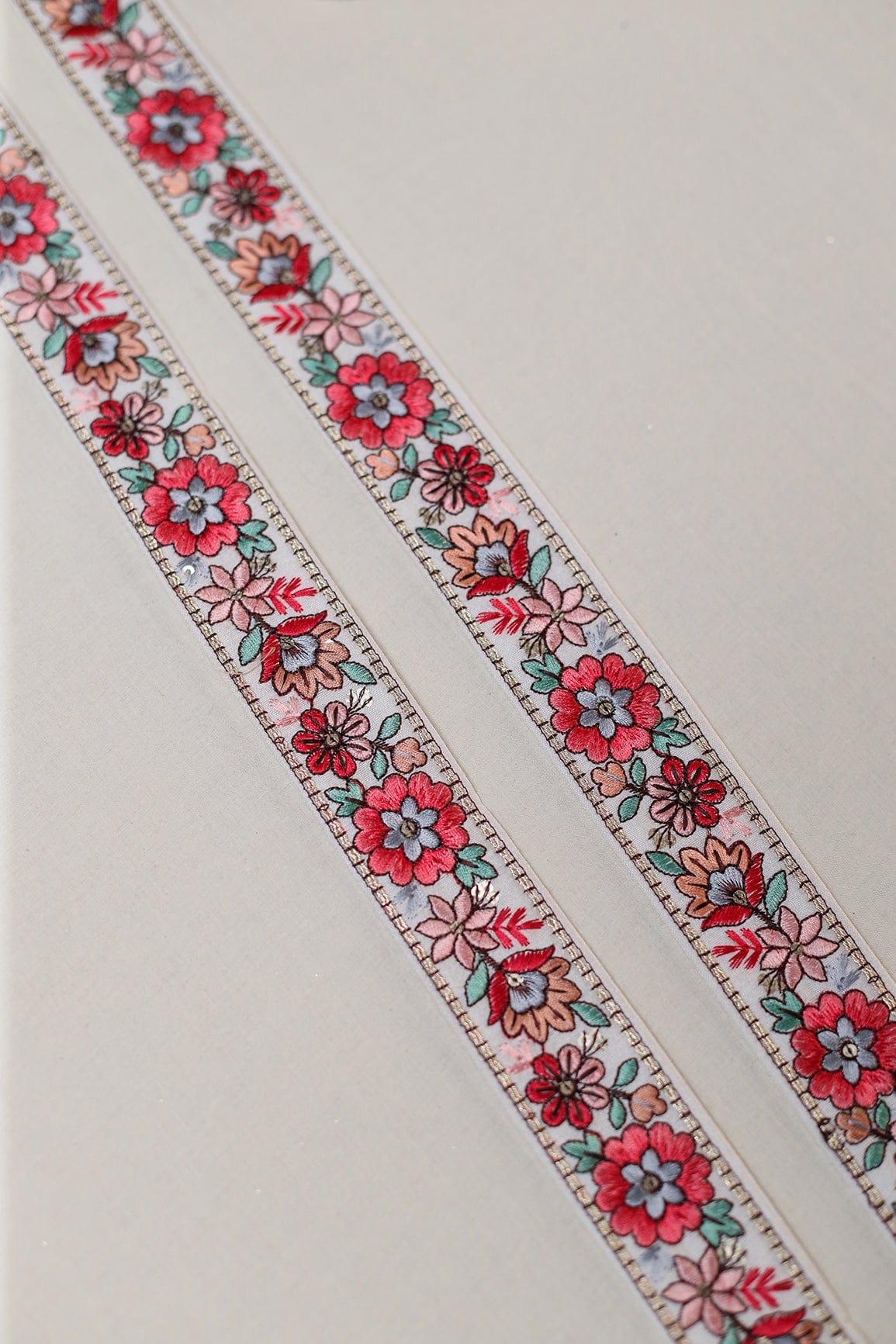 Multi Color Floral Thread Work With Gold Sequins White Embroidered Lace (9 Meters) - doeraa