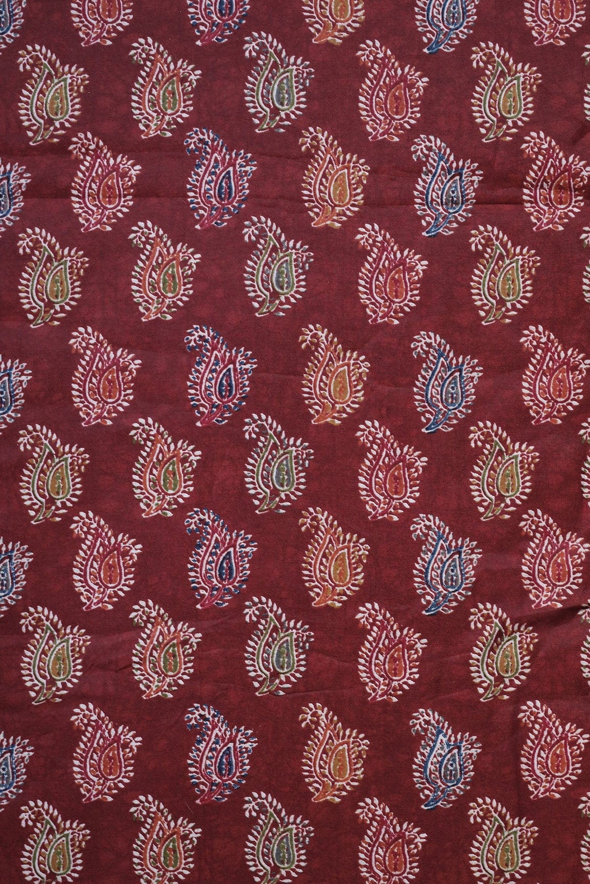 Multi Color Paisley Pattern Screen Print On Maroon Chanderi Silk Fabric - doeraa