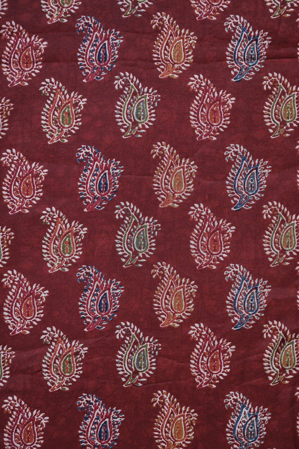 Multi Color Paisley Pattern Screen Print On Maroon Chanderi Silk Fabric - doeraa