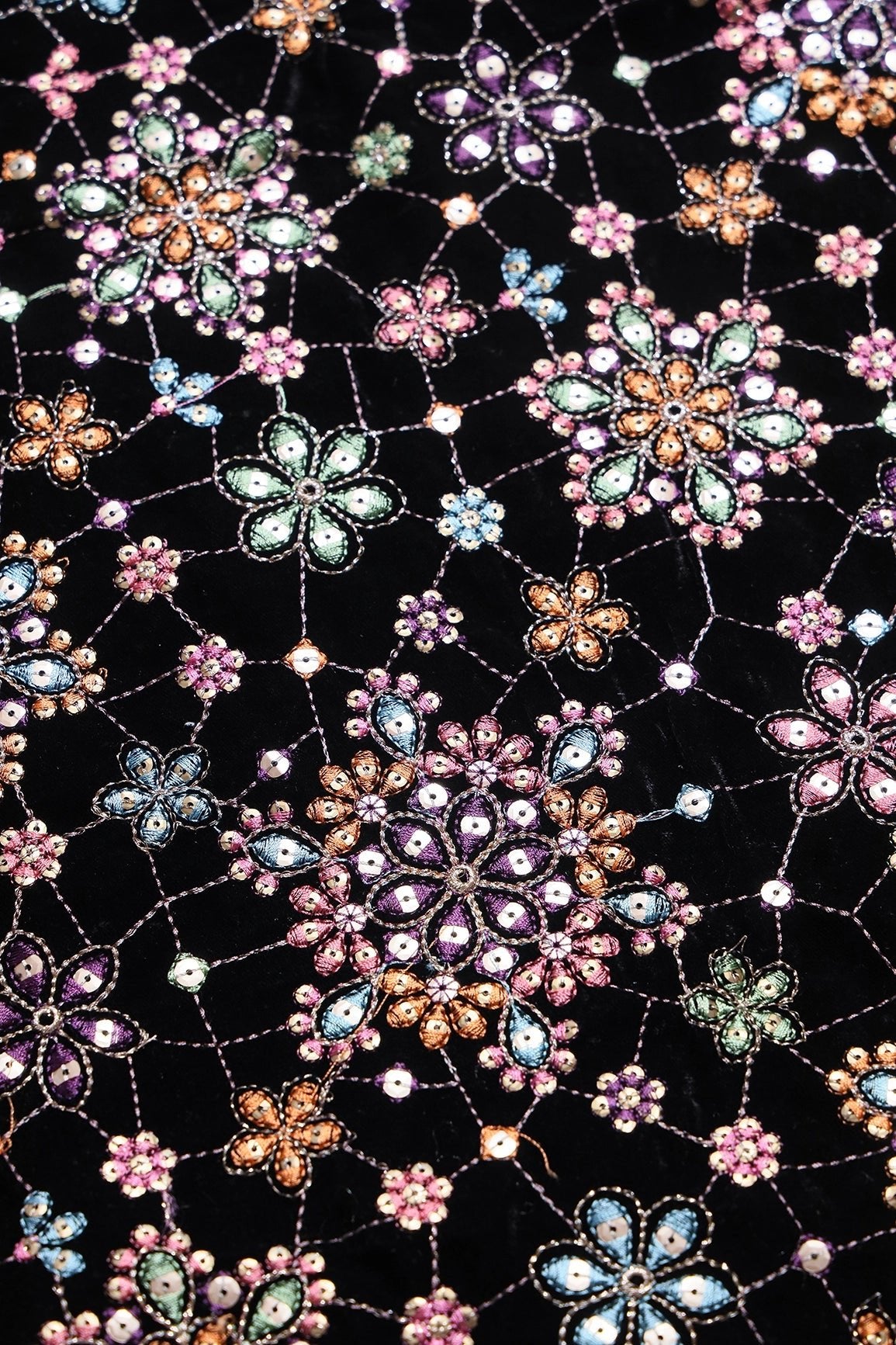 Multi Color Pastel Thread With Gold Sequins Floral Heavy Embroidery Work On Black Velvet Fabric - doeraa