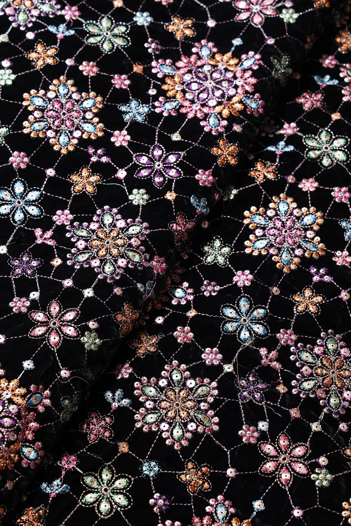 Multi Color Pastel Thread With Gold Sequins Floral Heavy Embroidery Work On Black Velvet Fabric - doeraa