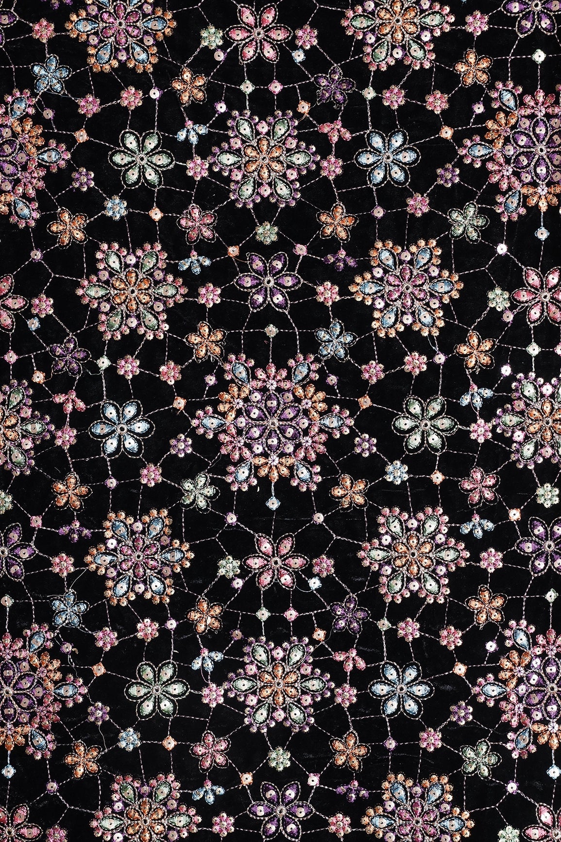 Multi Color Pastel Thread With Gold Sequins Floral Heavy Embroidery Work On Black Velvet Fabric - doeraa