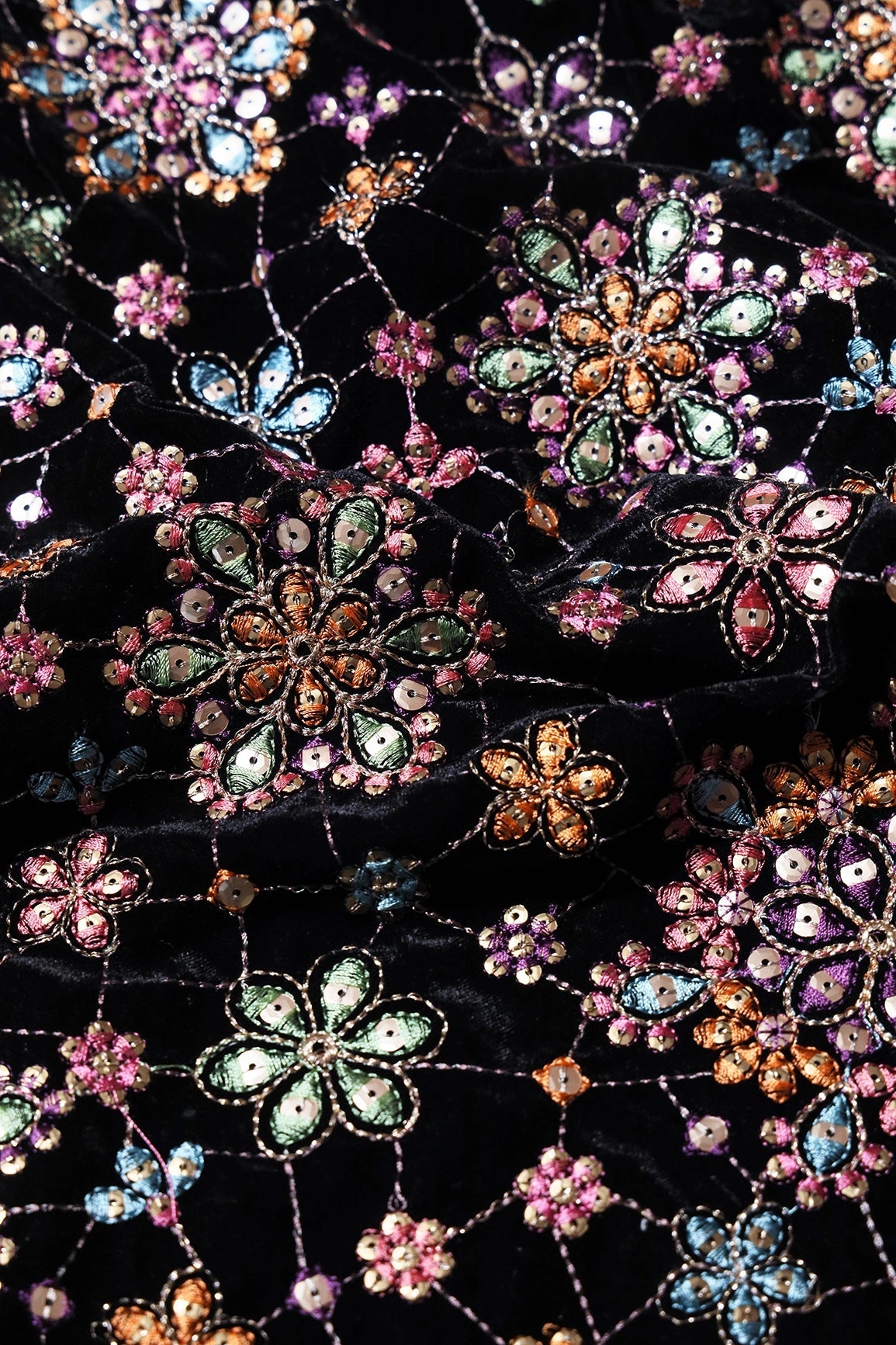 Multi Color Pastel Thread With Gold Sequins Floral Heavy Embroidery Work On Black Velvet Fabric - doeraa