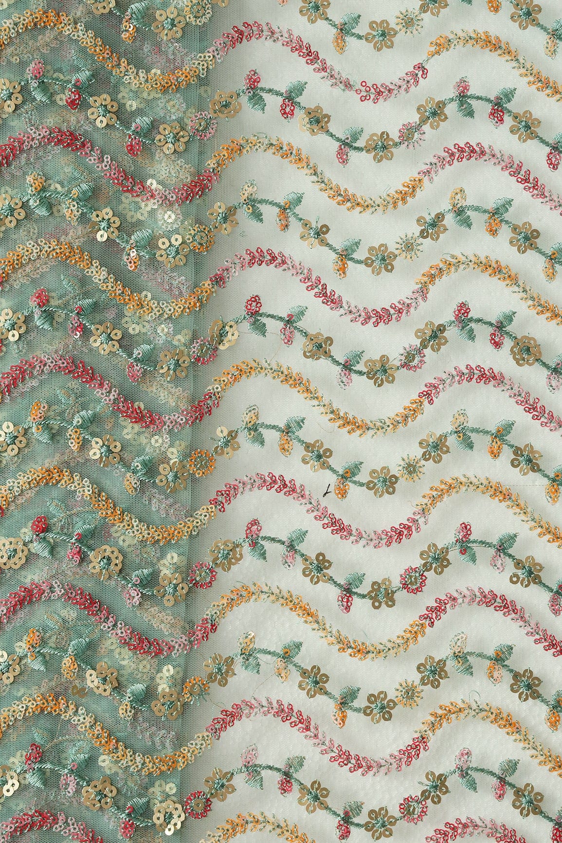 Multi Color Sequins Heavy Wavy Embroidery Work On Teal Soft Net Fabric - doeraa