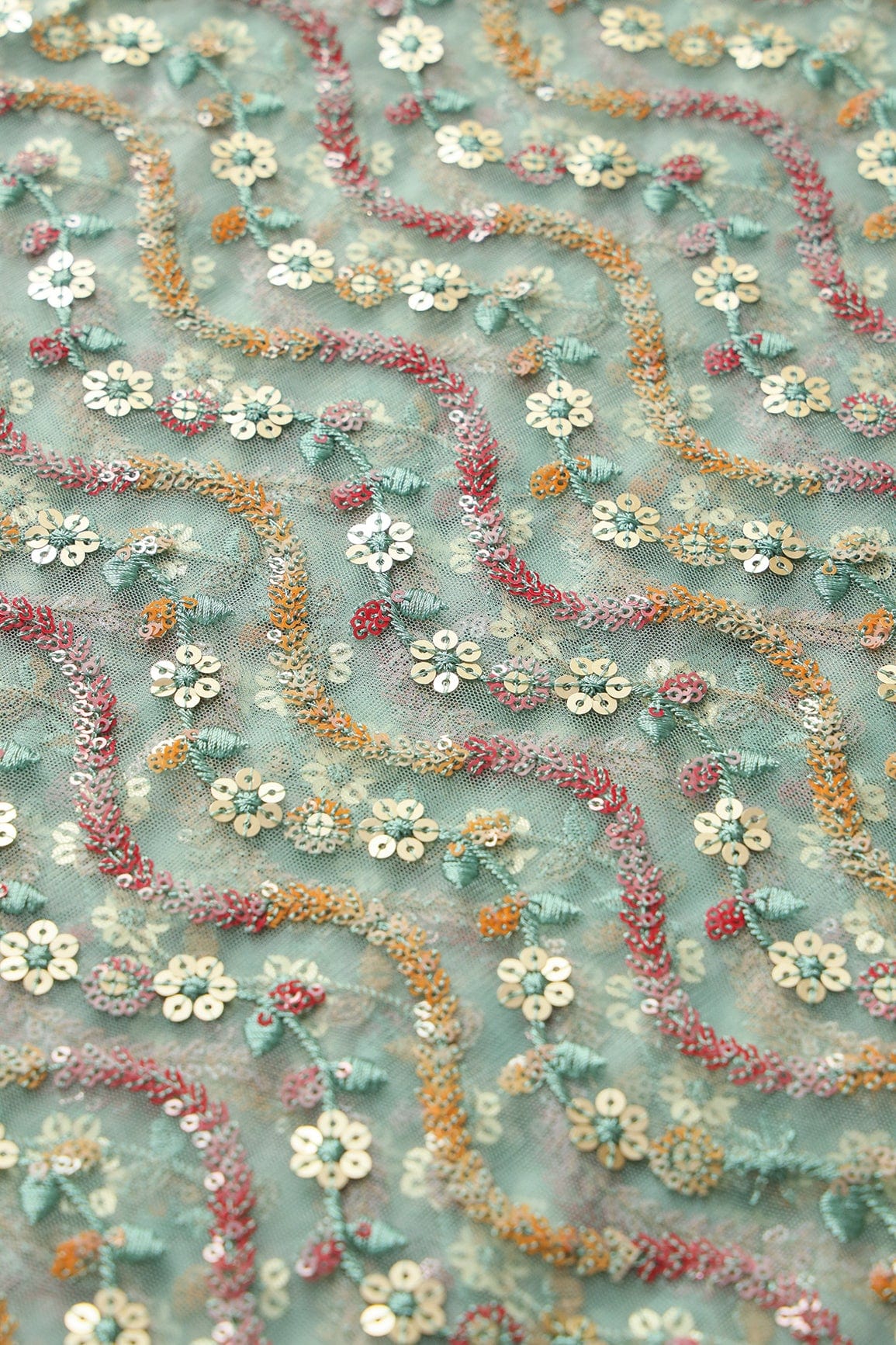 Multi Color Sequins Heavy Wavy Embroidery Work On Teal Soft Net Fabric - doeraa