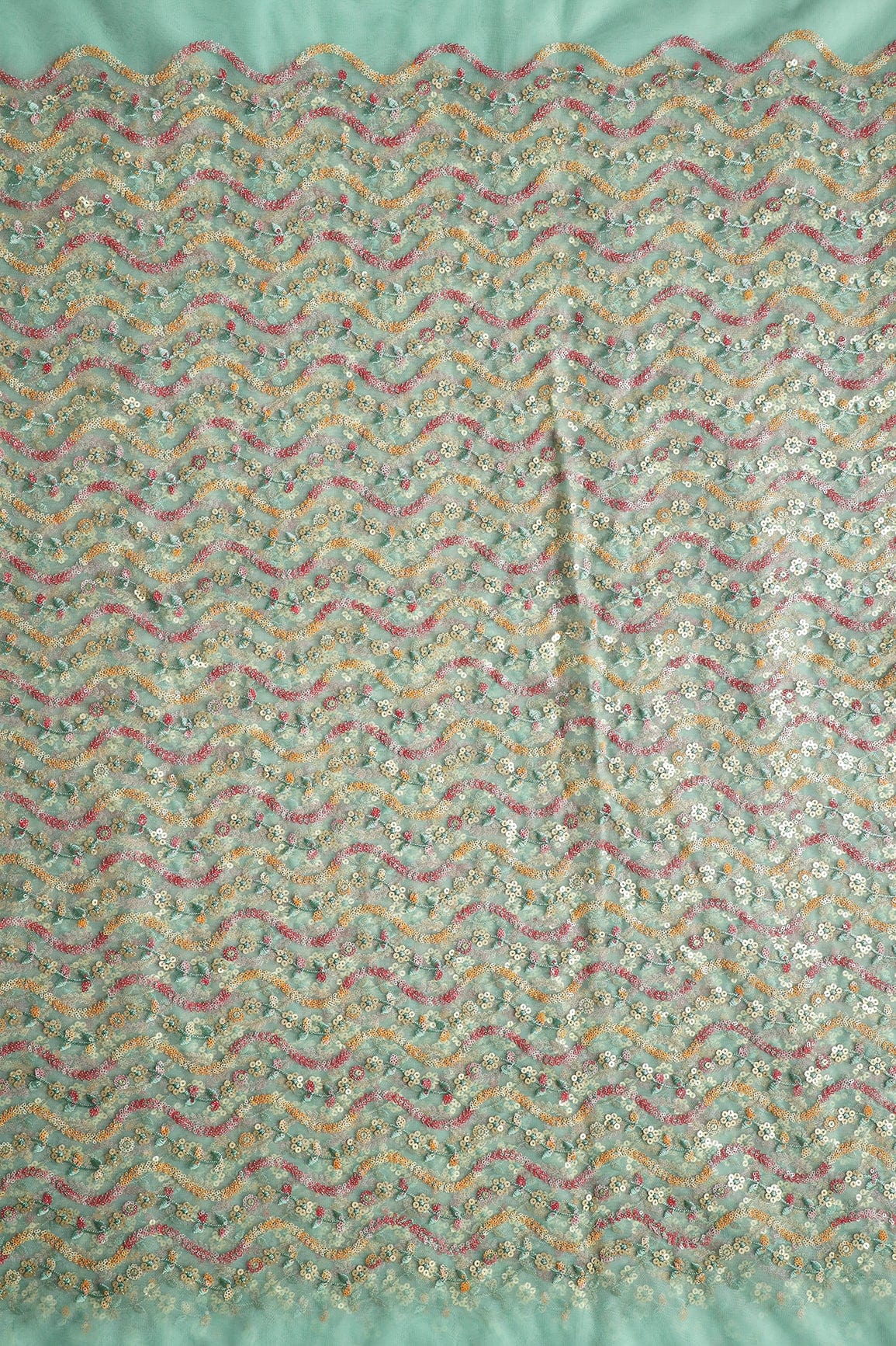 Multi Color Sequins Heavy Wavy Embroidery Work On Teal Soft Net Fabric - doeraa