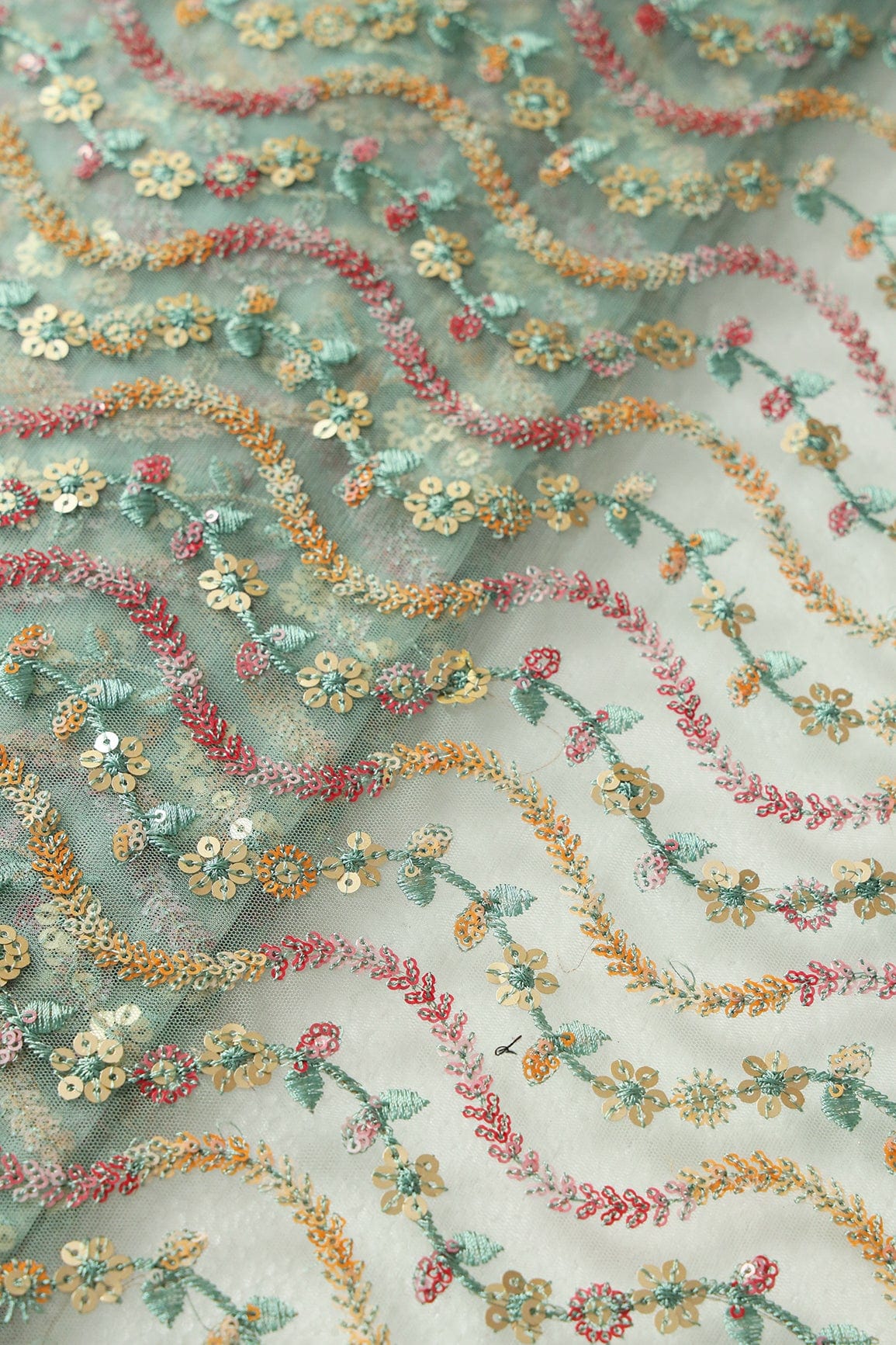 Multi Color Sequins Heavy Wavy Embroidery Work On Teal Soft Net Fabric - doeraa