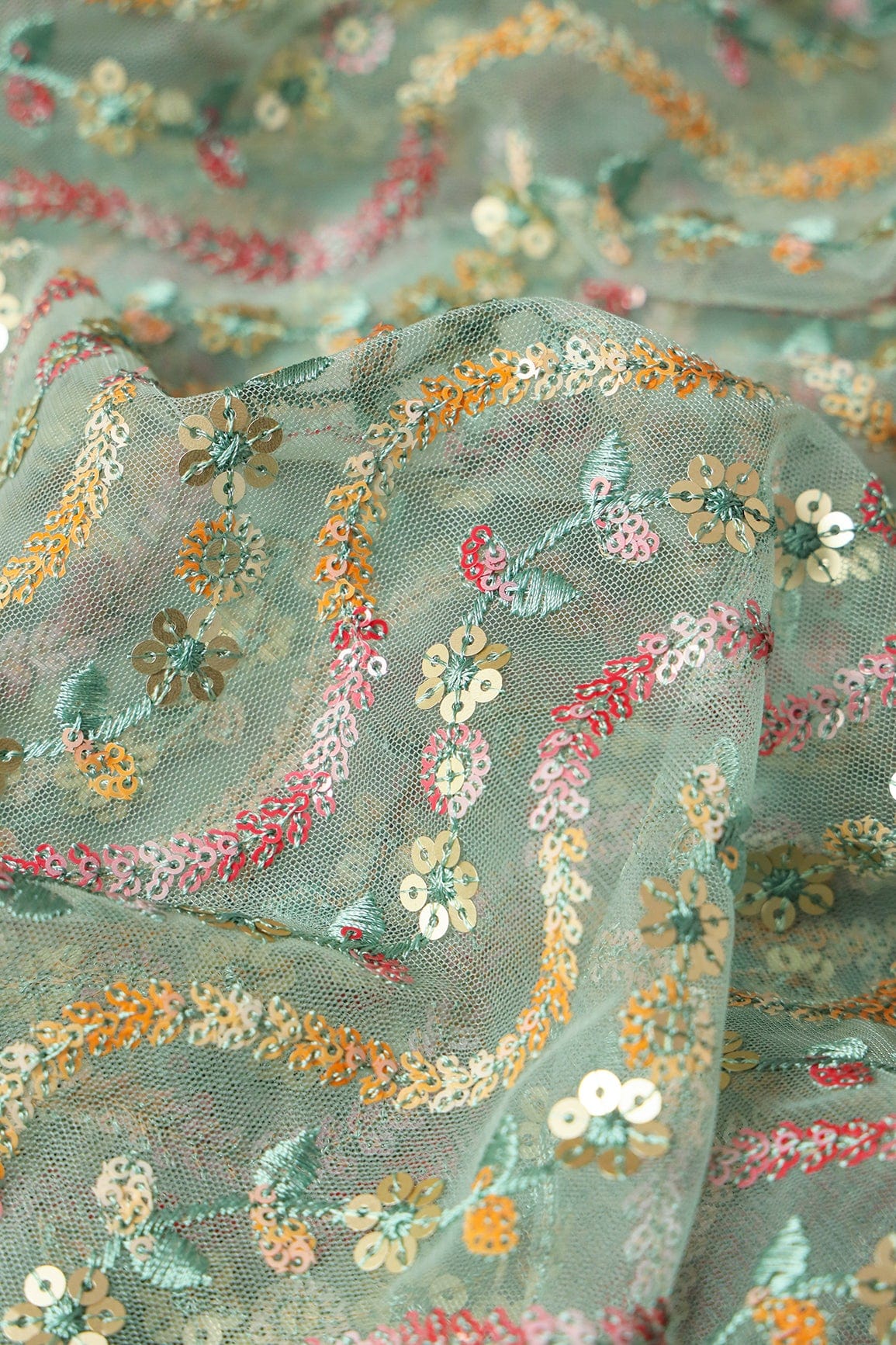 Multi Color Sequins Heavy Wavy Embroidery Work On Teal Soft Net Fabric - doeraa