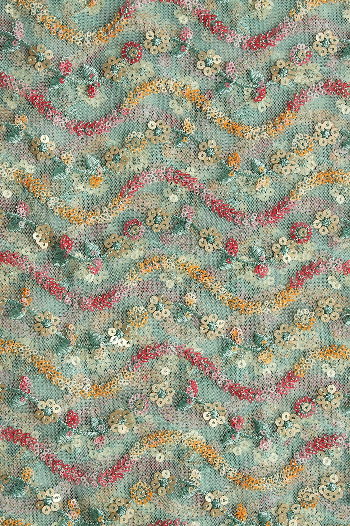 Multi Color Sequins Heavy Wavy Embroidery Work On Teal Soft Net Fabric - doeraa