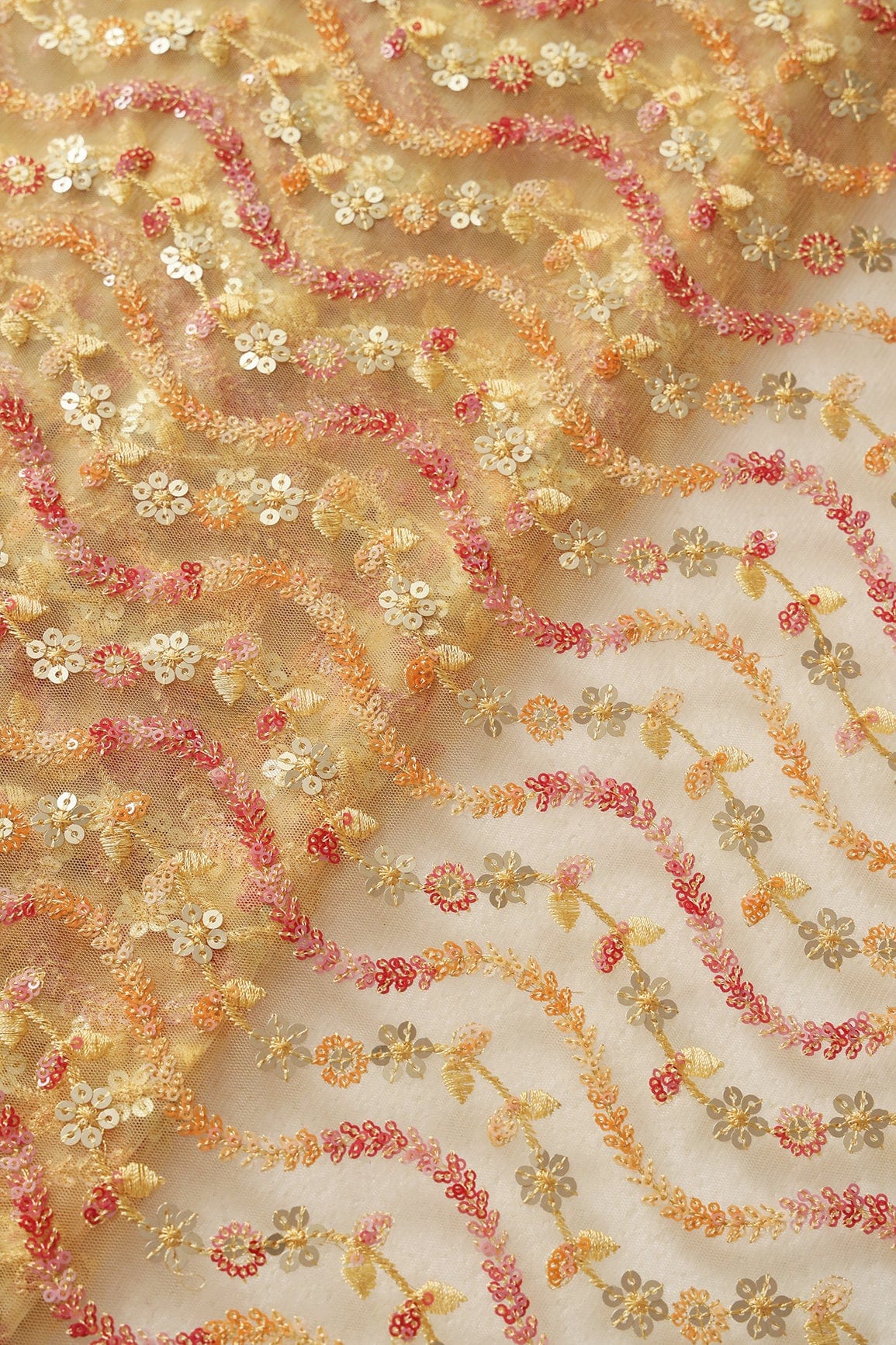 Multi Color Sequins Heavy Wavy Embroidery Work On Yellow Soft Net Fabric - doeraa