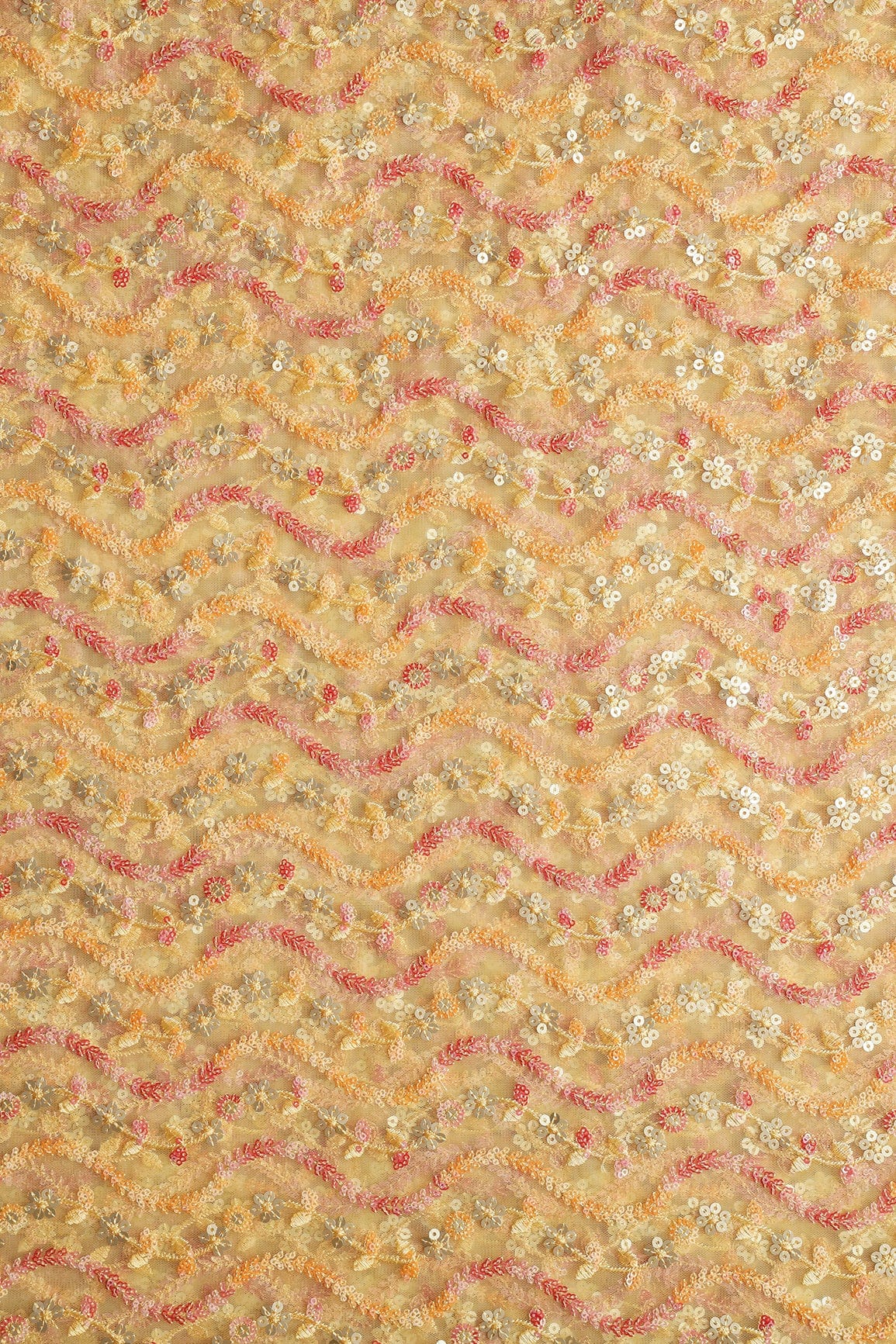 Multi Color Sequins Heavy Wavy Embroidery Work On Yellow Soft Net Fabric - doeraa