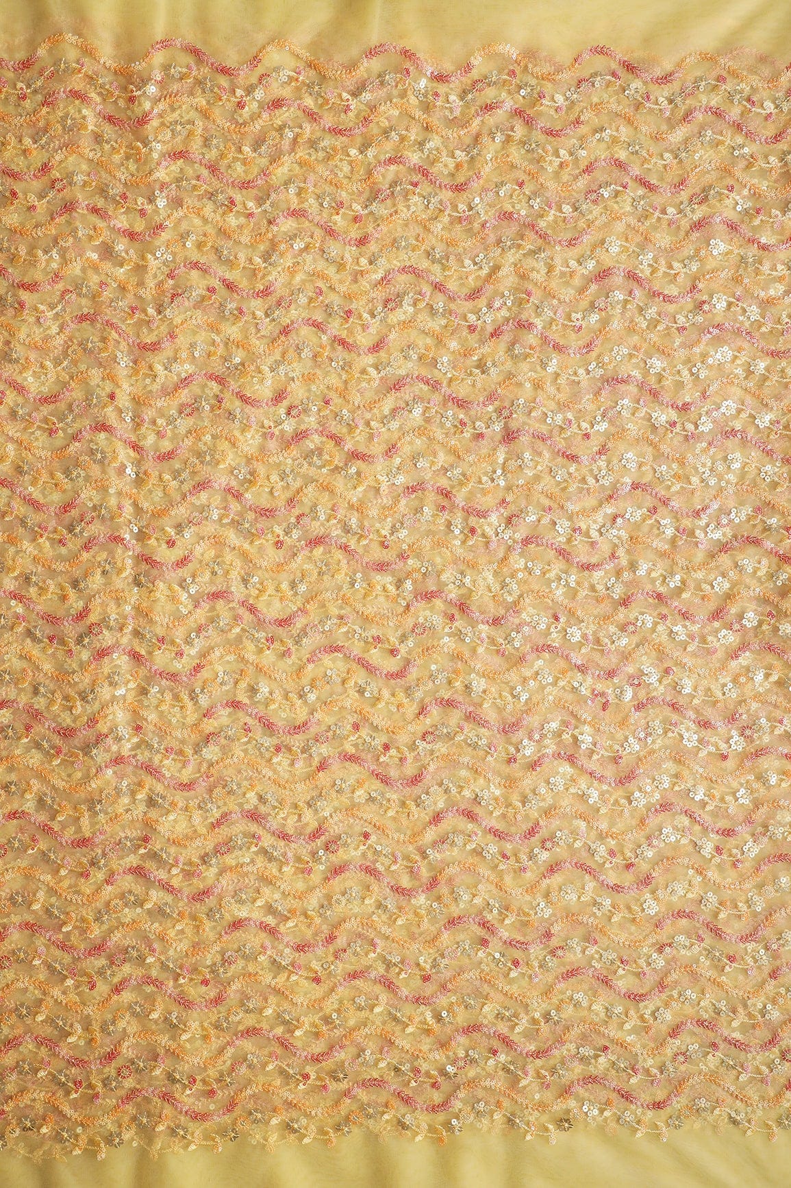 Multi Color Sequins Heavy Wavy Embroidery Work On Yellow Soft Net Fabric - doeraa