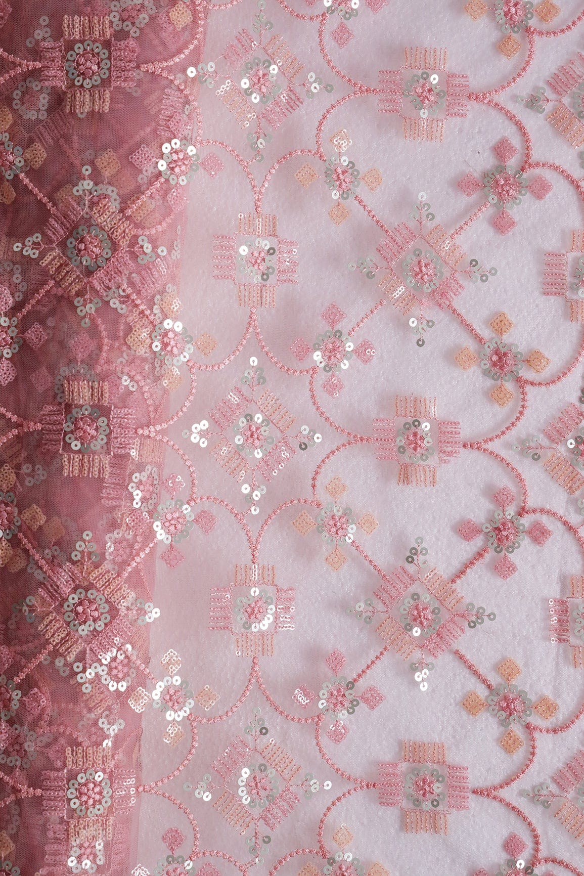 Multi Color Sequins With Pink Thread Geometric Embroidery Work On Pink Soft Net Fabric - doeraa