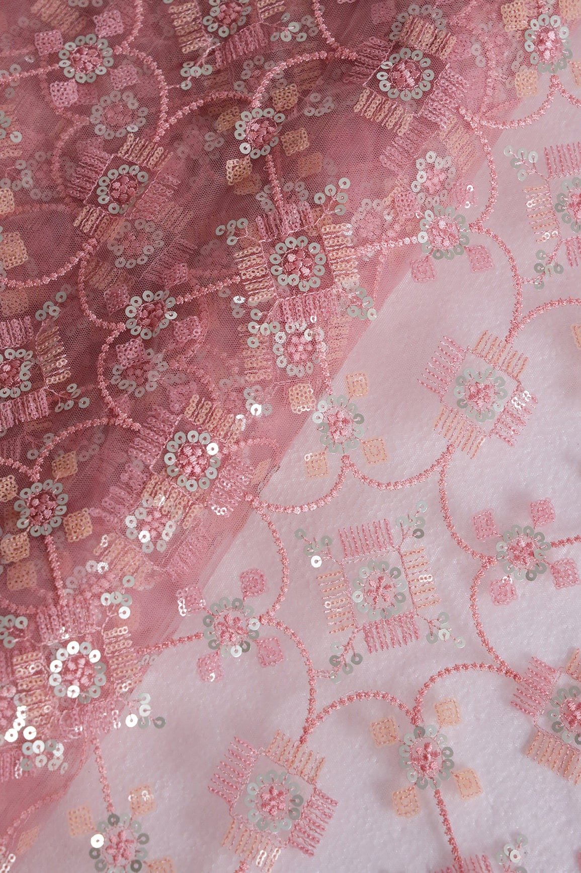 Multi Color Sequins With Pink Thread Geometric Embroidery Work On Pink Soft Net Fabric - doeraa