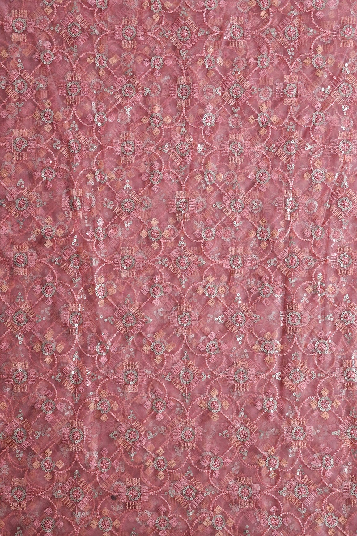 Multi Color Sequins With Pink Thread Geometric Embroidery Work On Pink Soft Net Fabric - doeraa