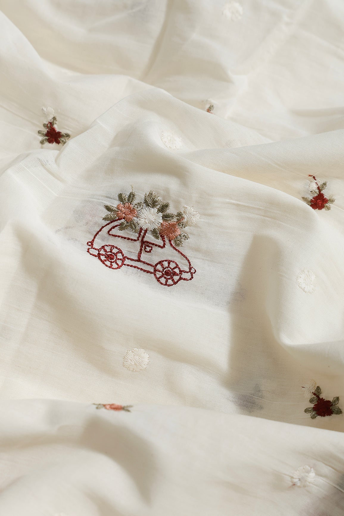 Multi Color Thread Car Motif Embroidery Design Work On Off White Organic Cotton Fabric - doeraa