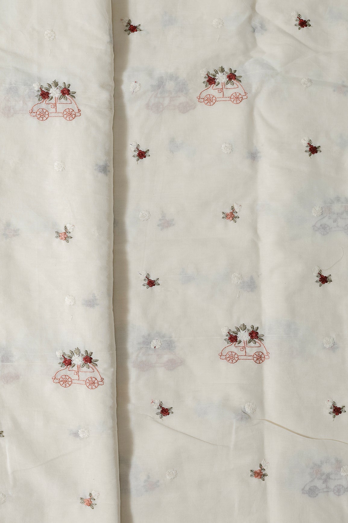 Multi Color Thread Car Motif Embroidery Design Work On Off White Organic Cotton Fabric - doeraa