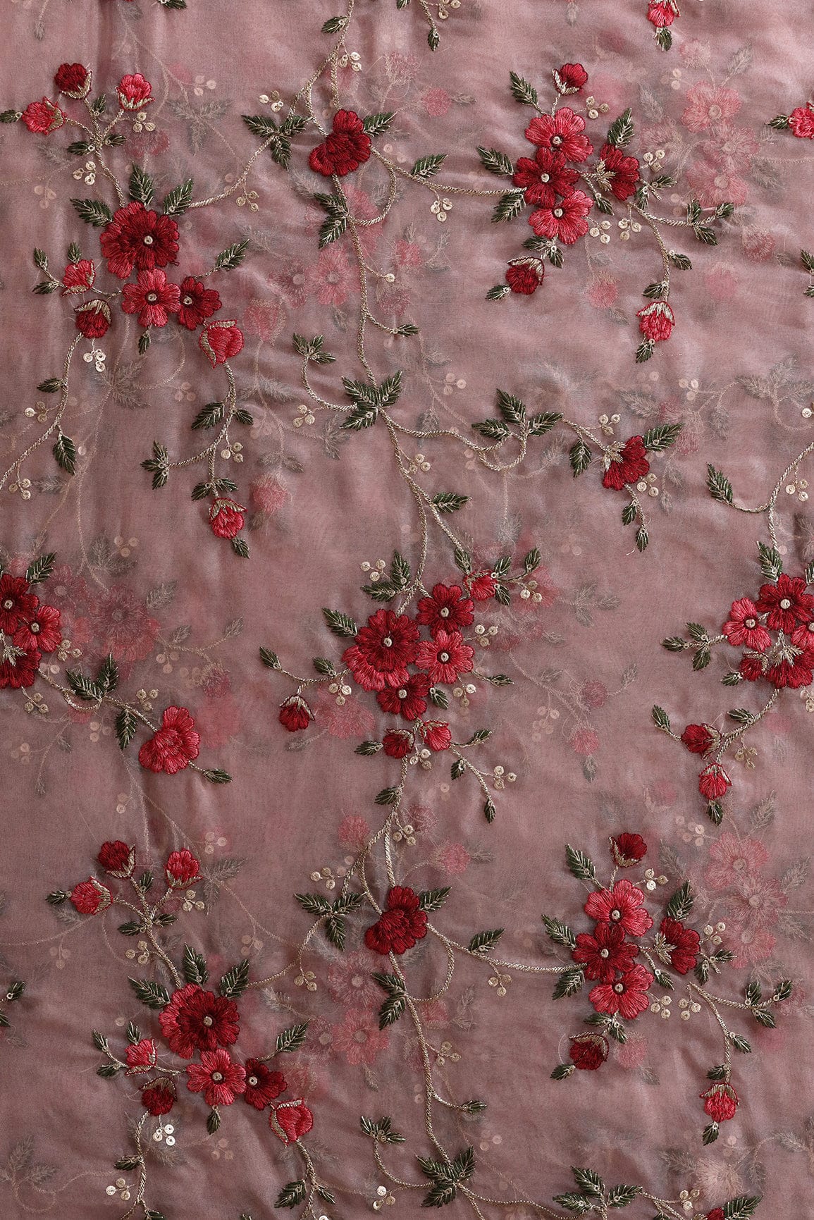 Multi Color Thread Floral Embroidery Work On Salmon Pink Organza Fabric - doeraa