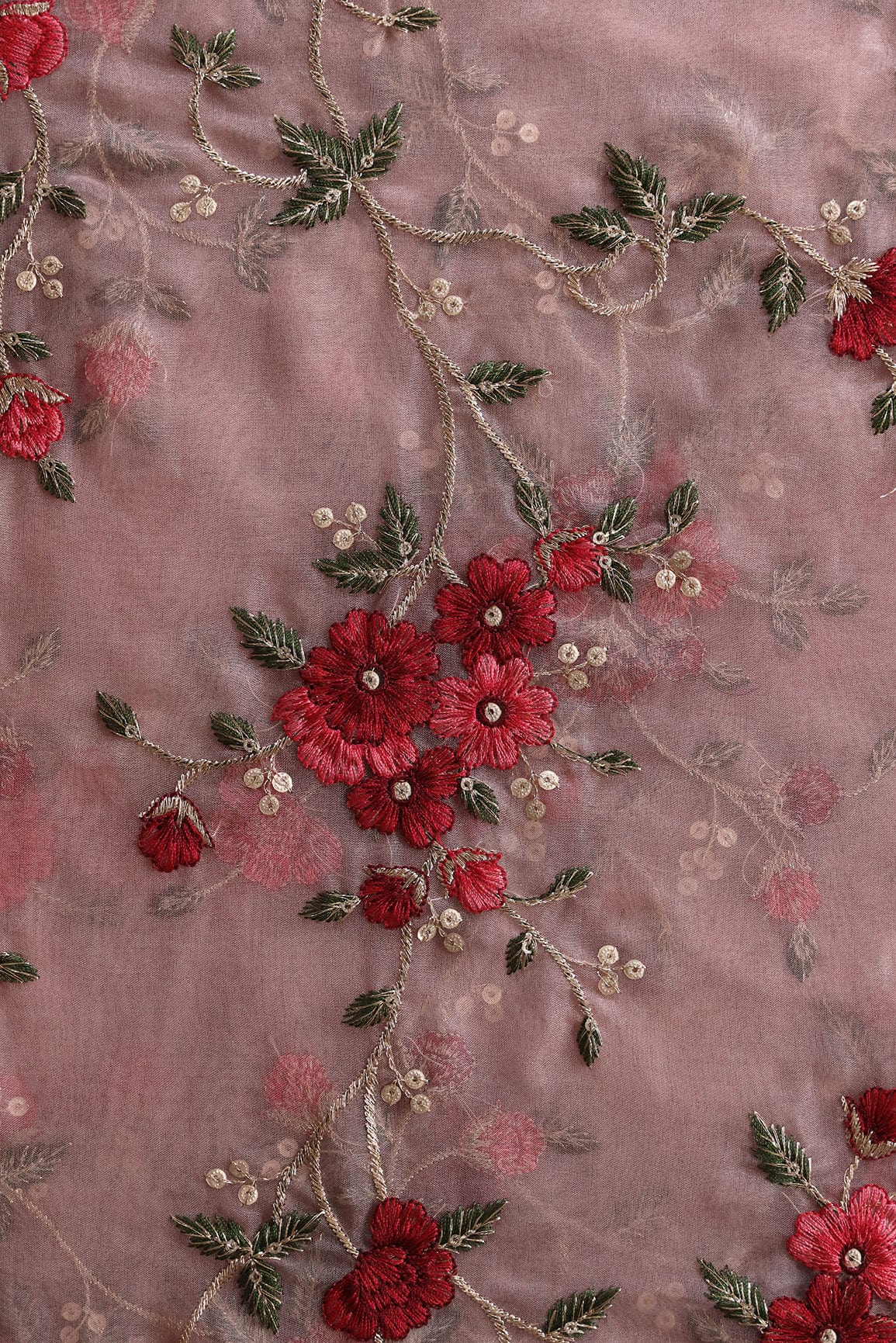 Multi Color Thread Floral Embroidery Work On Salmon Pink Organza Fabric - doeraa