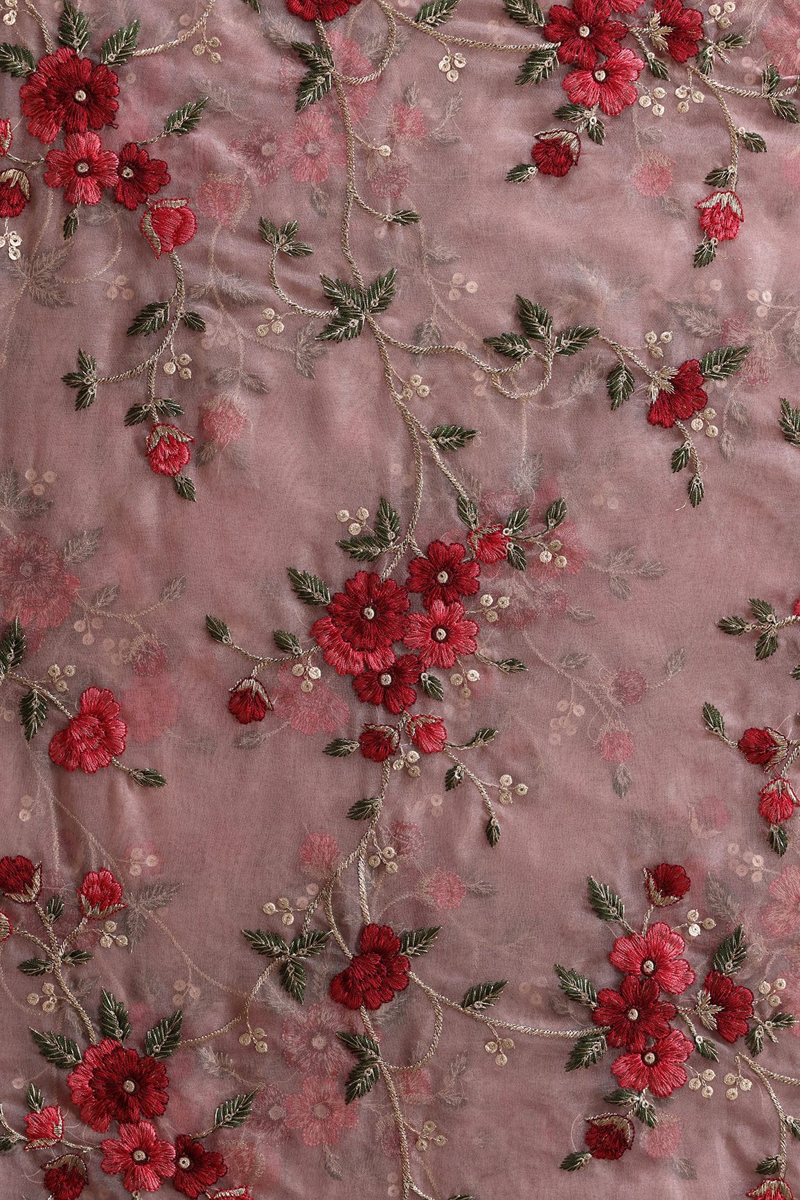 Multi Color Thread Floral Embroidery Work On Salmon Pink Organza Fabric - doeraa