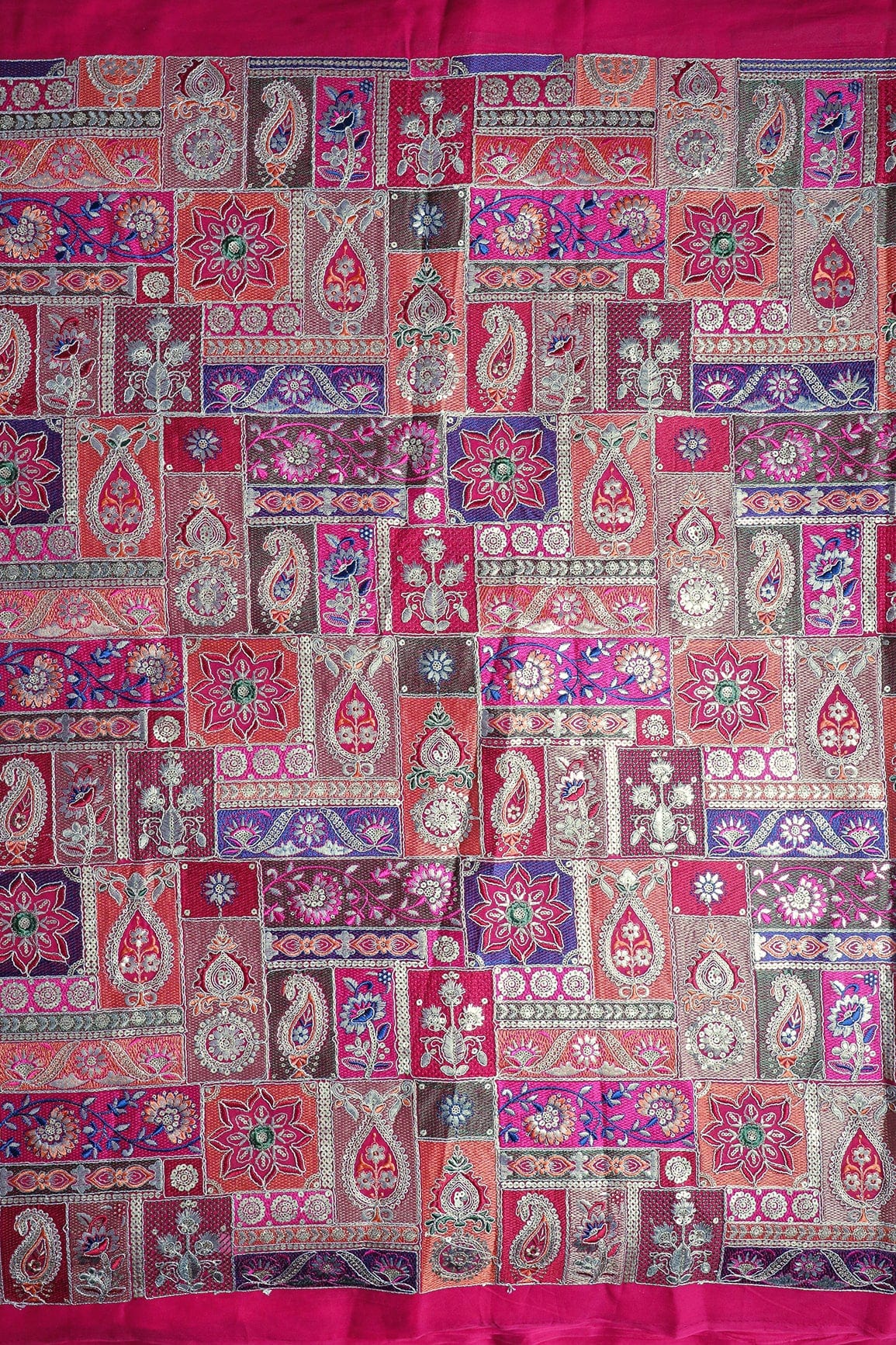 Multi Color Thread With Gold Sequins Traditional Embroidery On Fuchsia Viscose Georgette Fabric - doeraa
