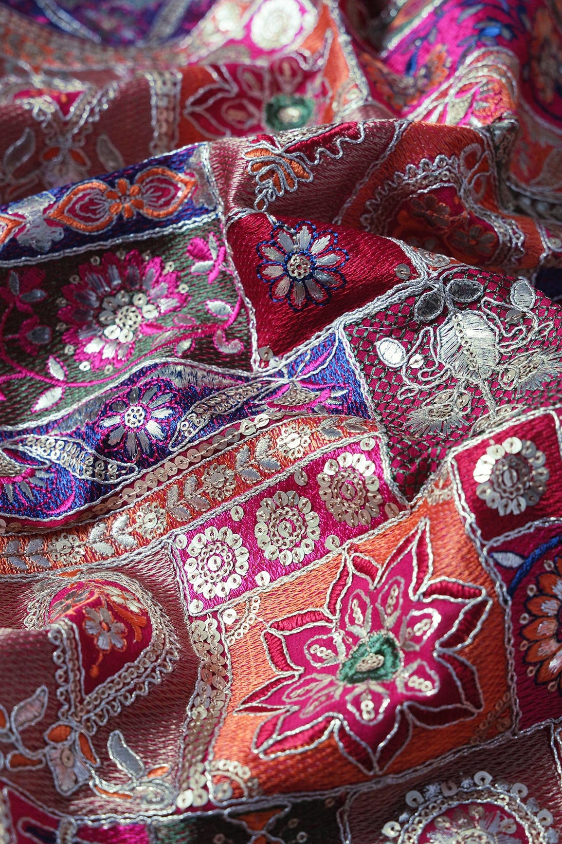Multi Color Thread With Gold Sequins Traditional Embroidery On Fuchsia Viscose Georgette Fabric - doeraa