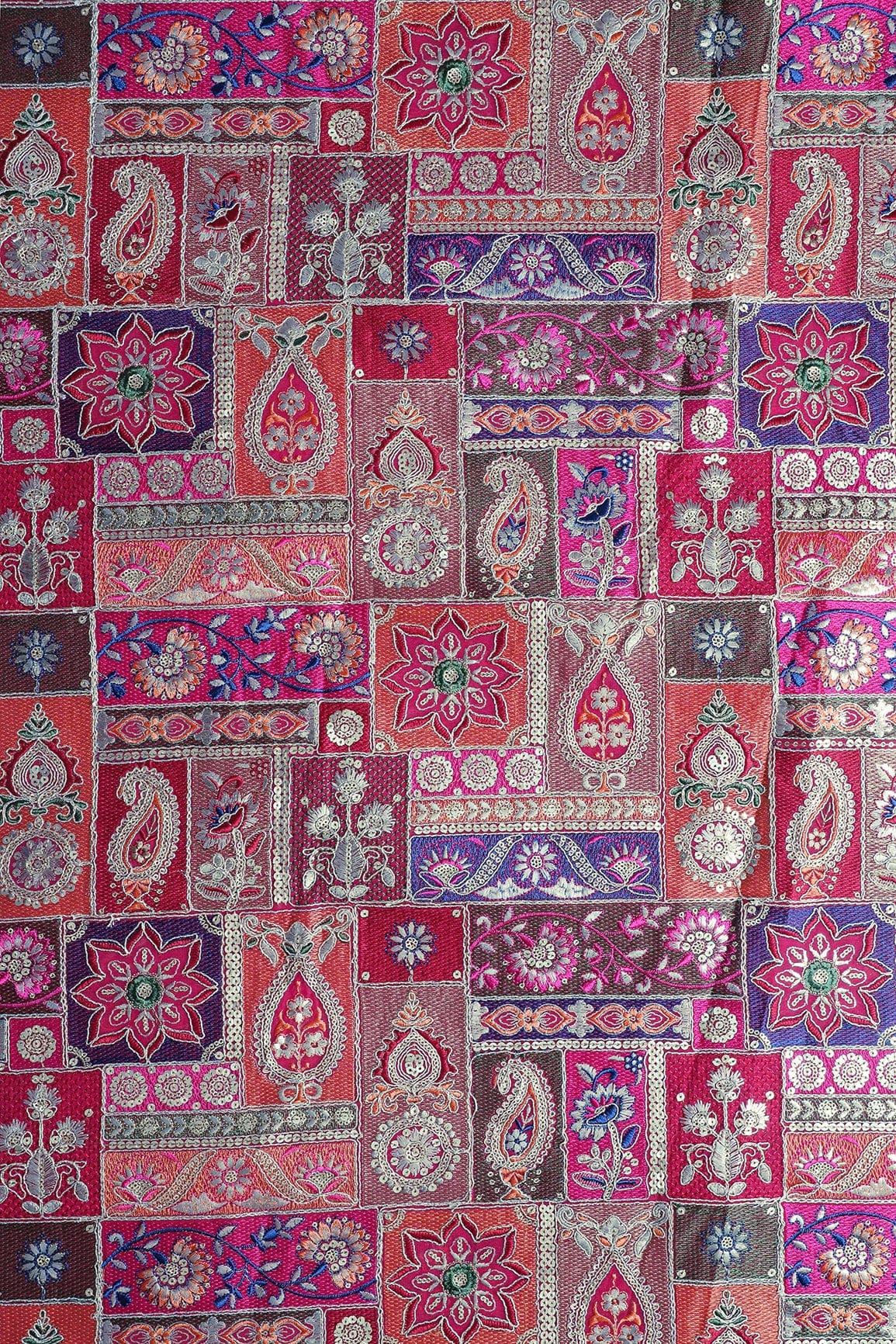 Multi Color Thread With Gold Sequins Traditional Embroidery On Fuchsia Viscose Georgette Fabric - doeraa