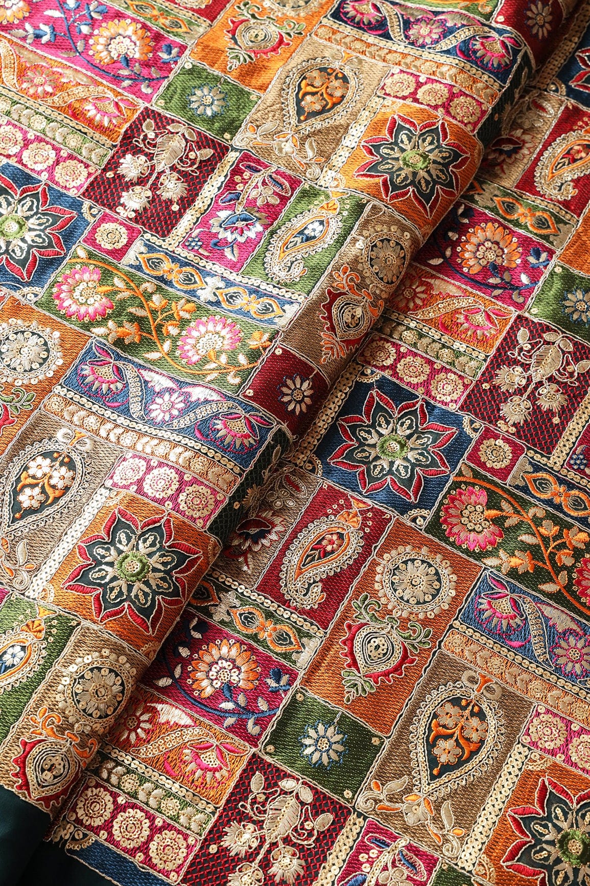 Multi Color Thread With Gold Sequins Traditional Embroidery On Rama Viscose Georgette Fabric - doeraa