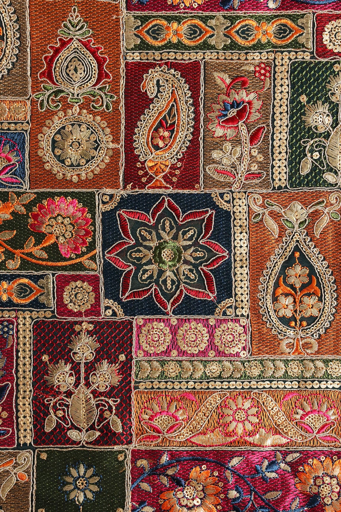 Multi Color Thread With Gold Sequins Traditional Embroidery On Rama Viscose Georgette Fabric - doeraa