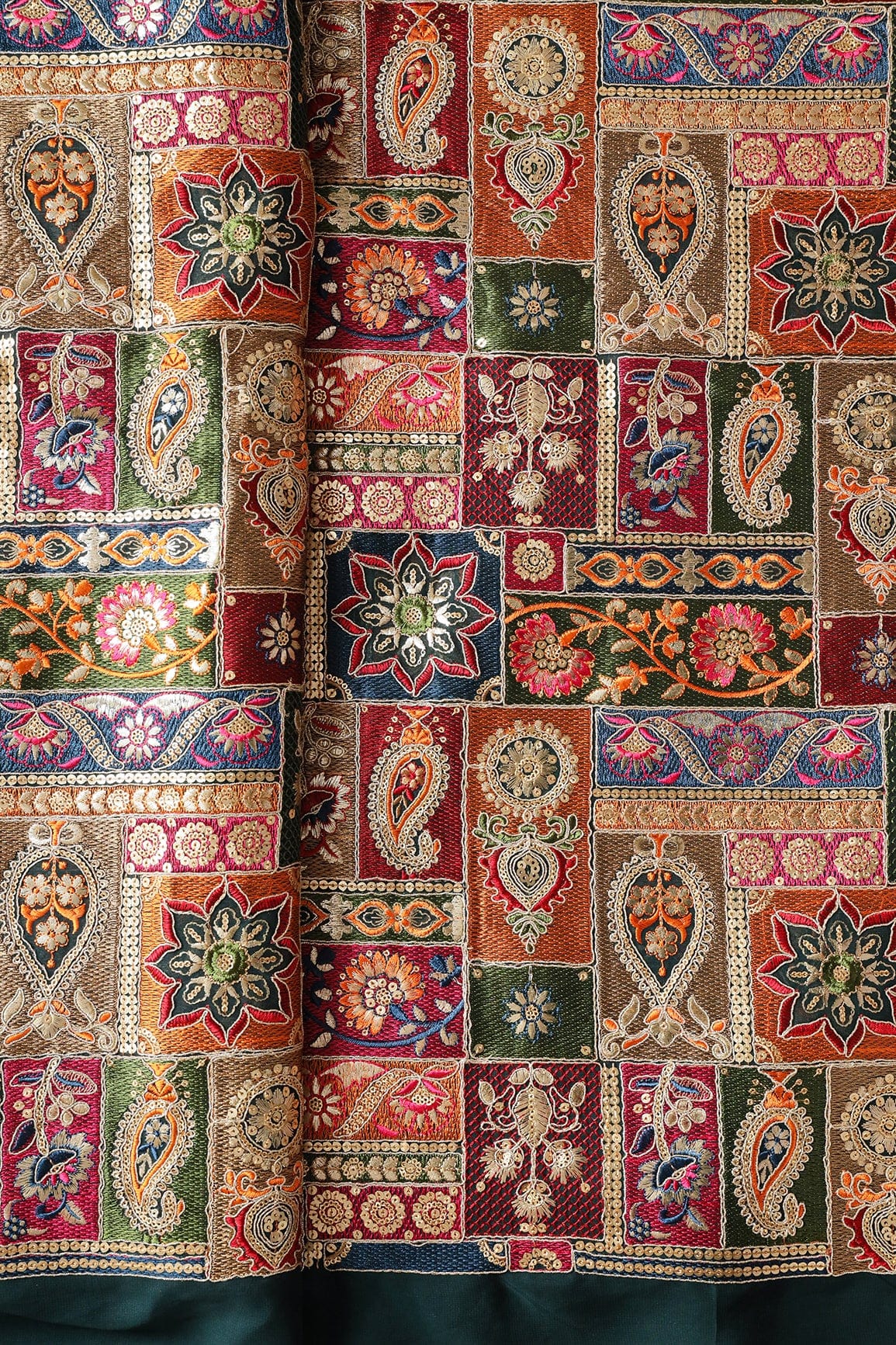 Multi Color Thread With Gold Sequins Traditional Embroidery On Rama Viscose Georgette Fabric - doeraa