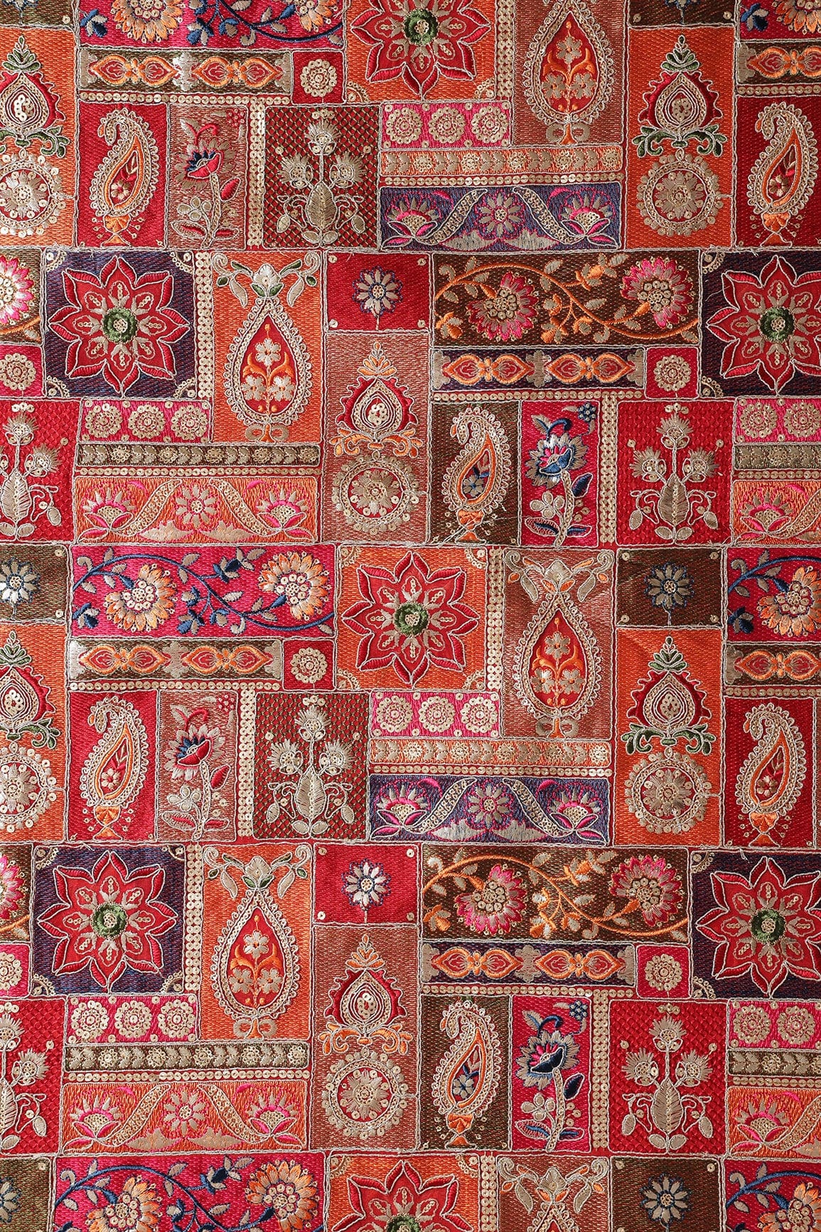 Multi Color Thread With Gold Sequins Traditional Embroidery On Red Viscose Georgette Fabric - doeraa