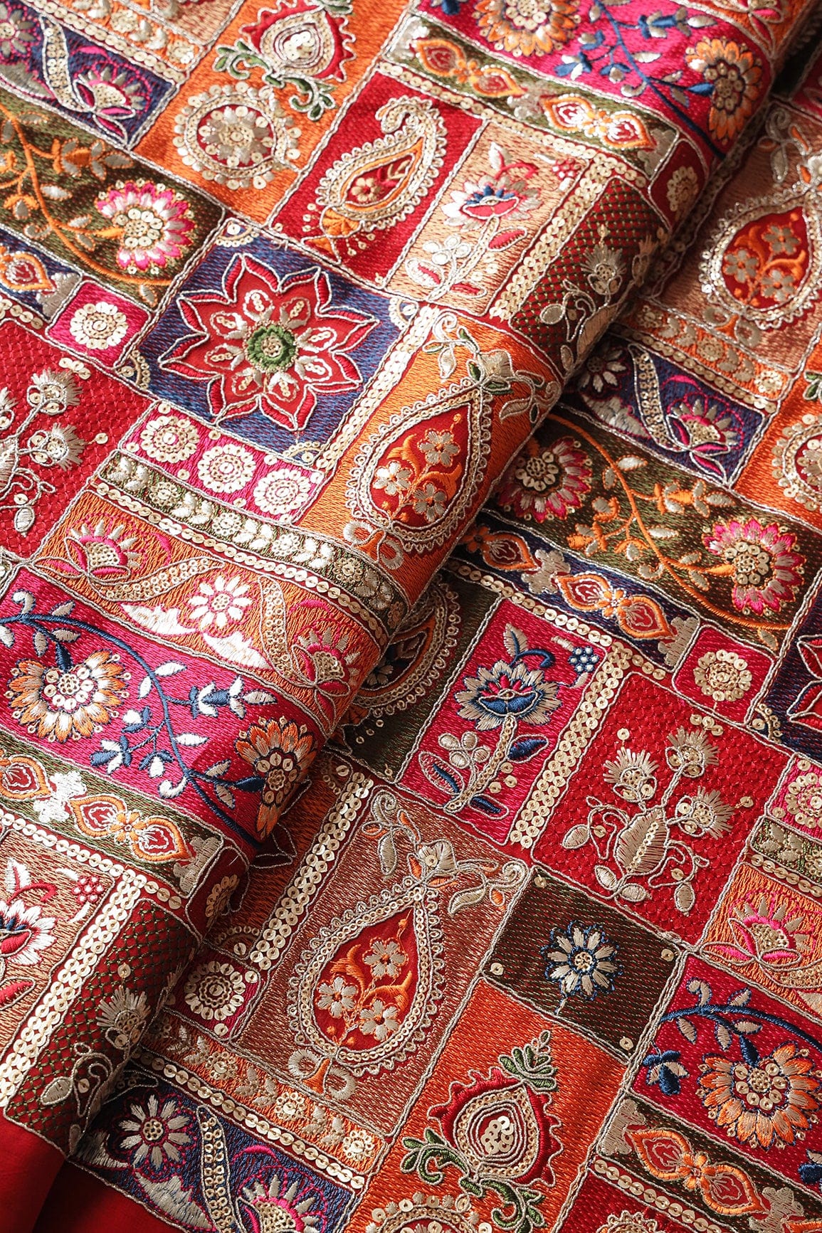 Multi Color Thread With Gold Sequins Traditional Embroidery On Red Viscose Georgette Fabric - doeraa