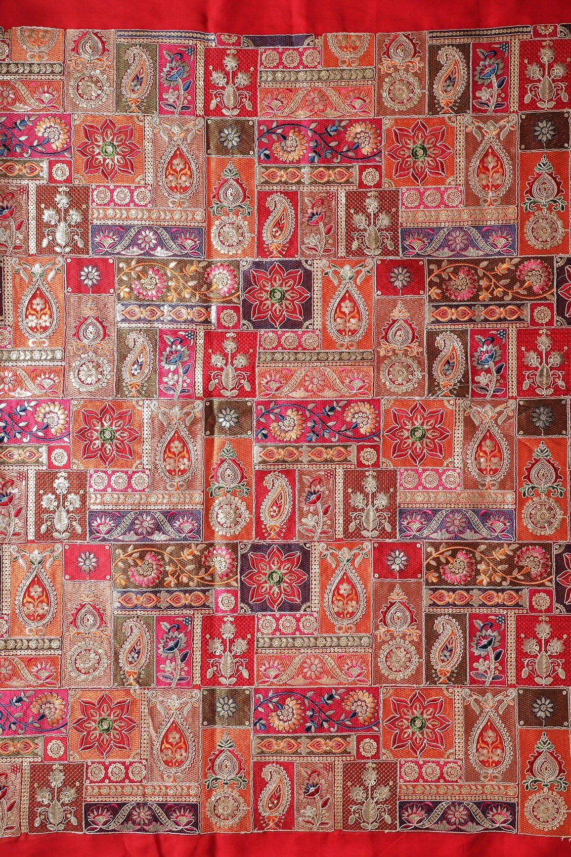Multi Color Thread With Gold Sequins Traditional Embroidery On Red Viscose Georgette Fabric - doeraa