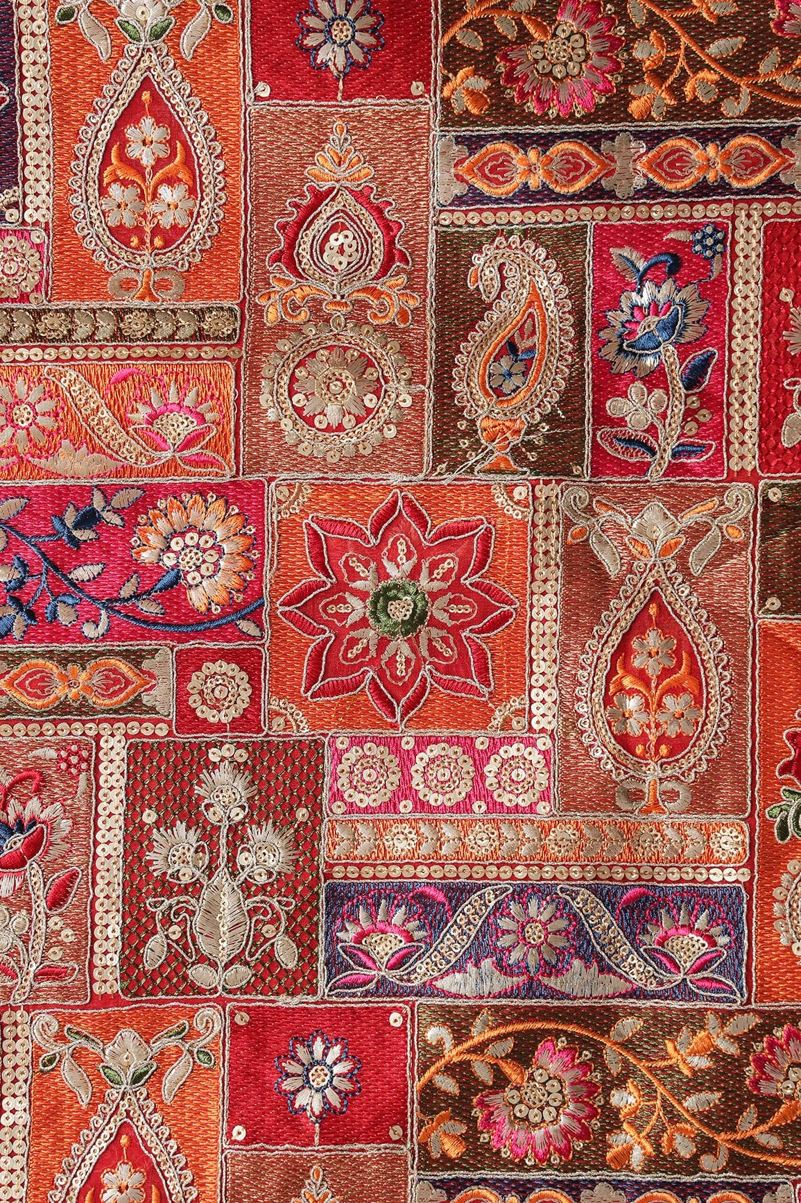 Multi Color Thread With Gold Sequins Traditional Embroidery On Red Viscose Georgette Fabric - doeraa