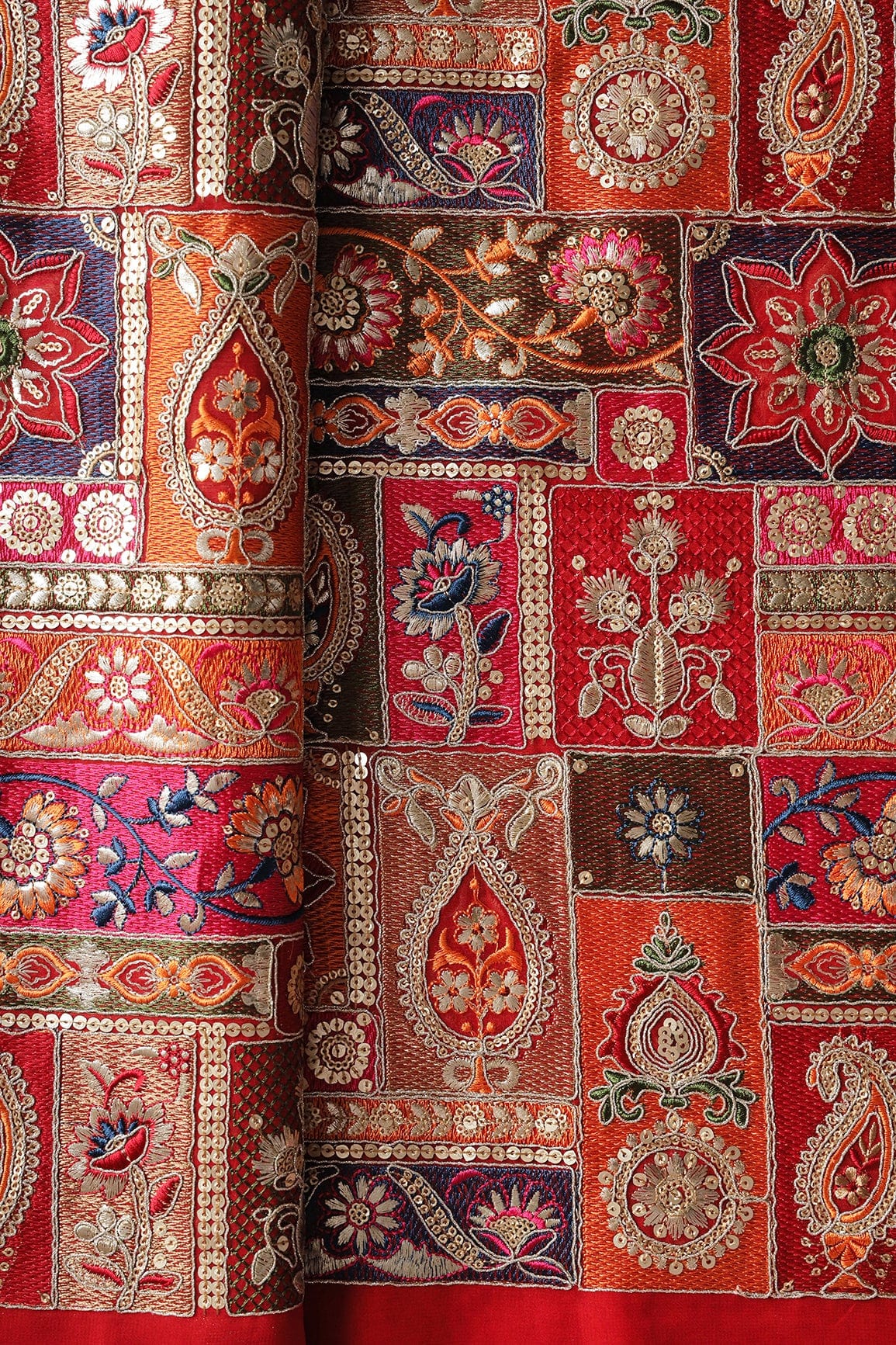 Multi Color Thread With Gold Sequins Traditional Embroidery On Red Viscose Georgette Fabric - doeraa