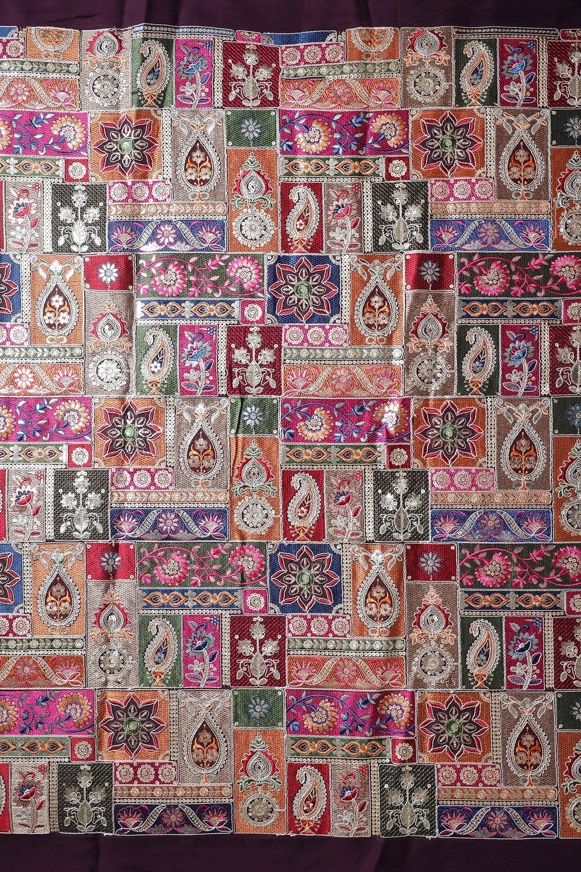 Multi Color Thread With Gold Sequins Traditional Embroidery On Wine Viscose Georgette Fabric - doeraa