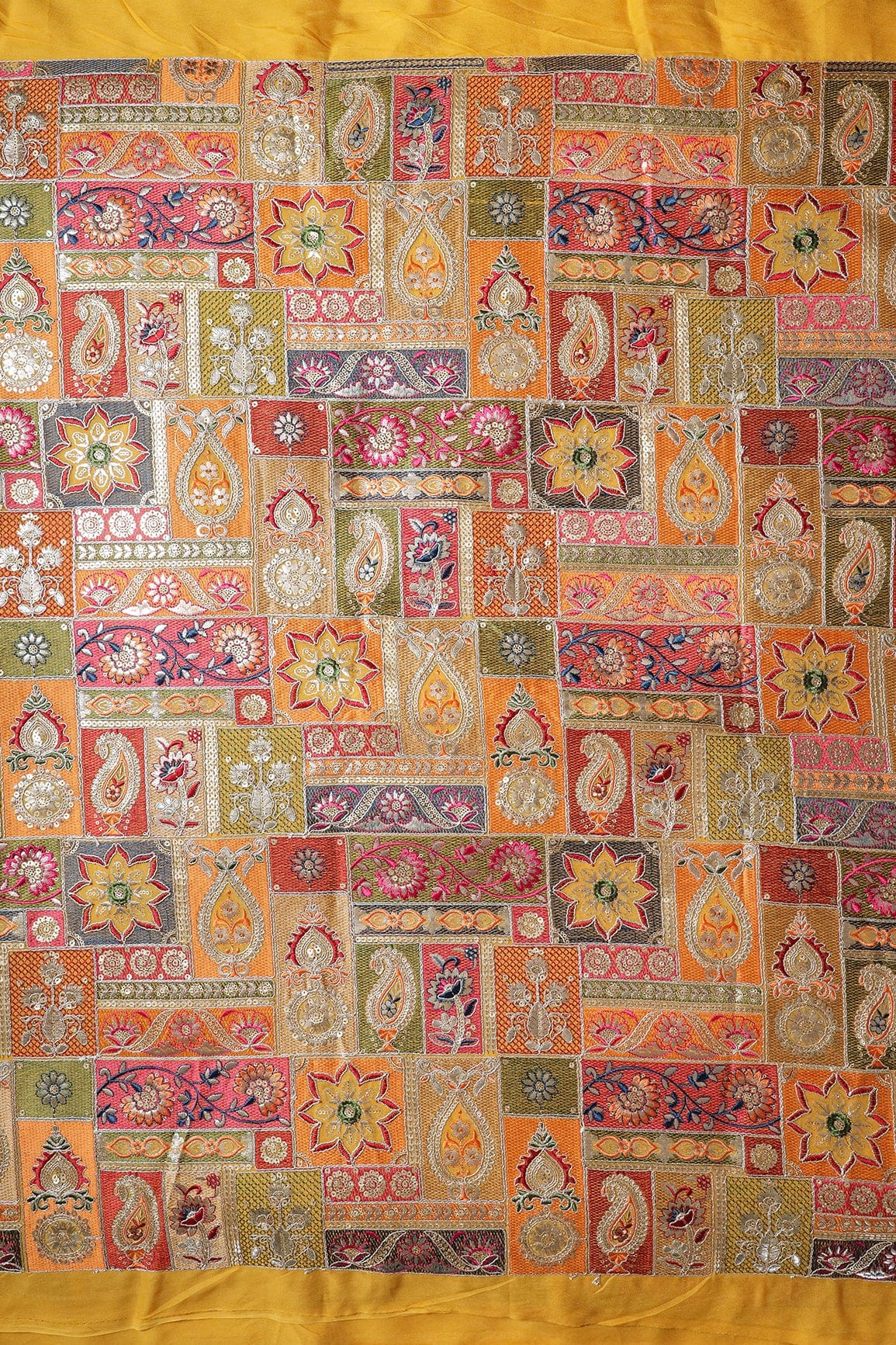 Multi Color Thread With Gold Sequins Traditional Embroidery On Yellow Viscose Georgette Fabric - doeraa