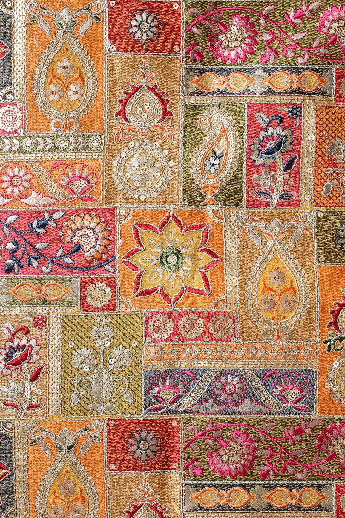 Multi Color Thread With Gold Sequins Traditional Embroidery On Yellow Viscose Georgette Fabric - doeraa