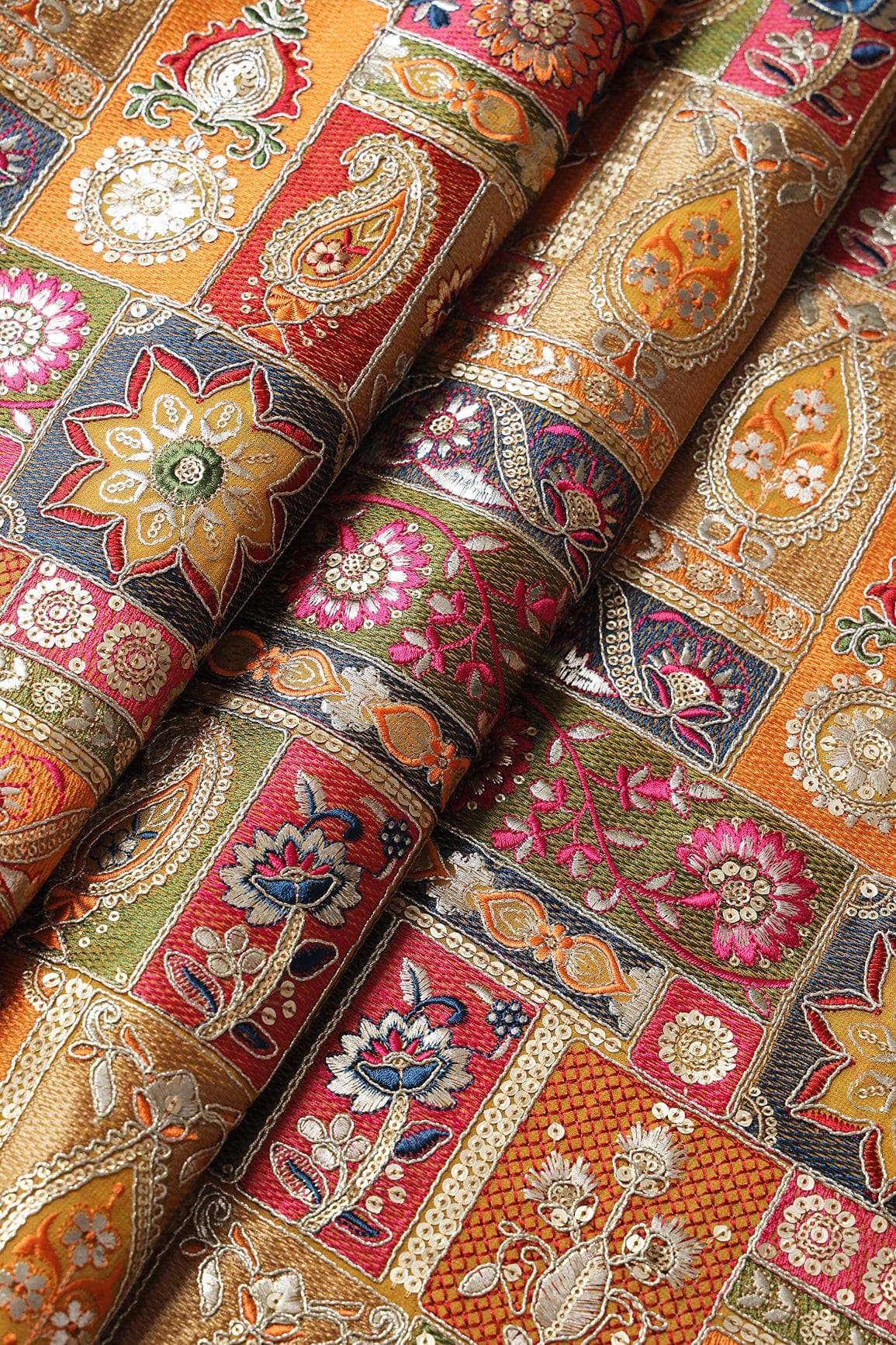 Multi Color Thread With Gold Sequins Traditional Embroidery On Yellow Viscose Georgette Fabric - doeraa