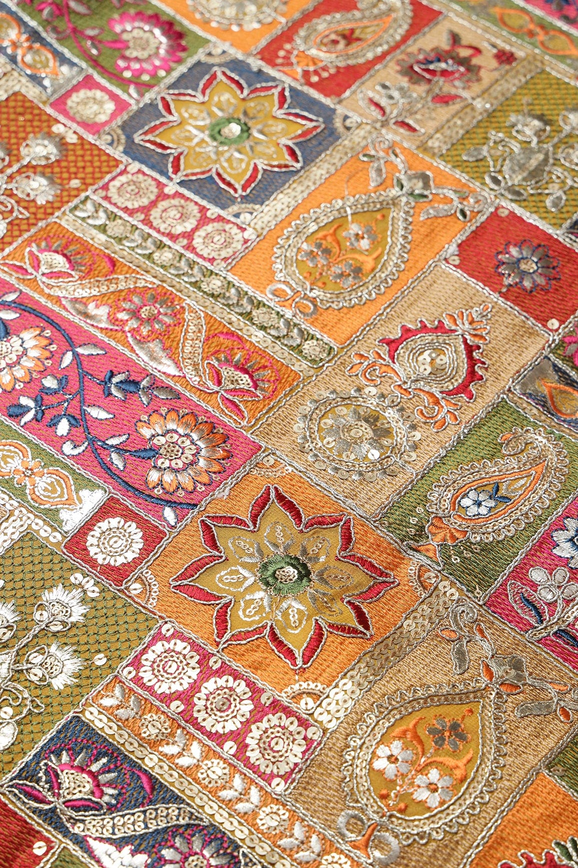 Multi Color Thread With Gold Sequins Traditional Embroidery On Yellow Viscose Georgette Fabric - doeraa