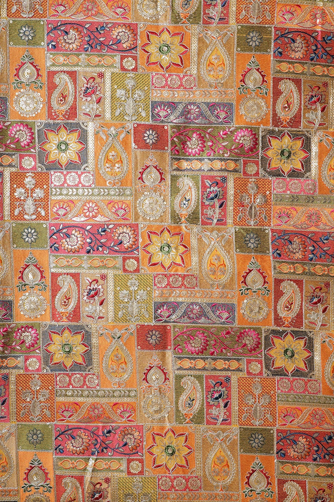 Multi Color Thread With Gold Sequins Traditional Embroidery On Yellow Viscose Georgette Fabric - doeraa