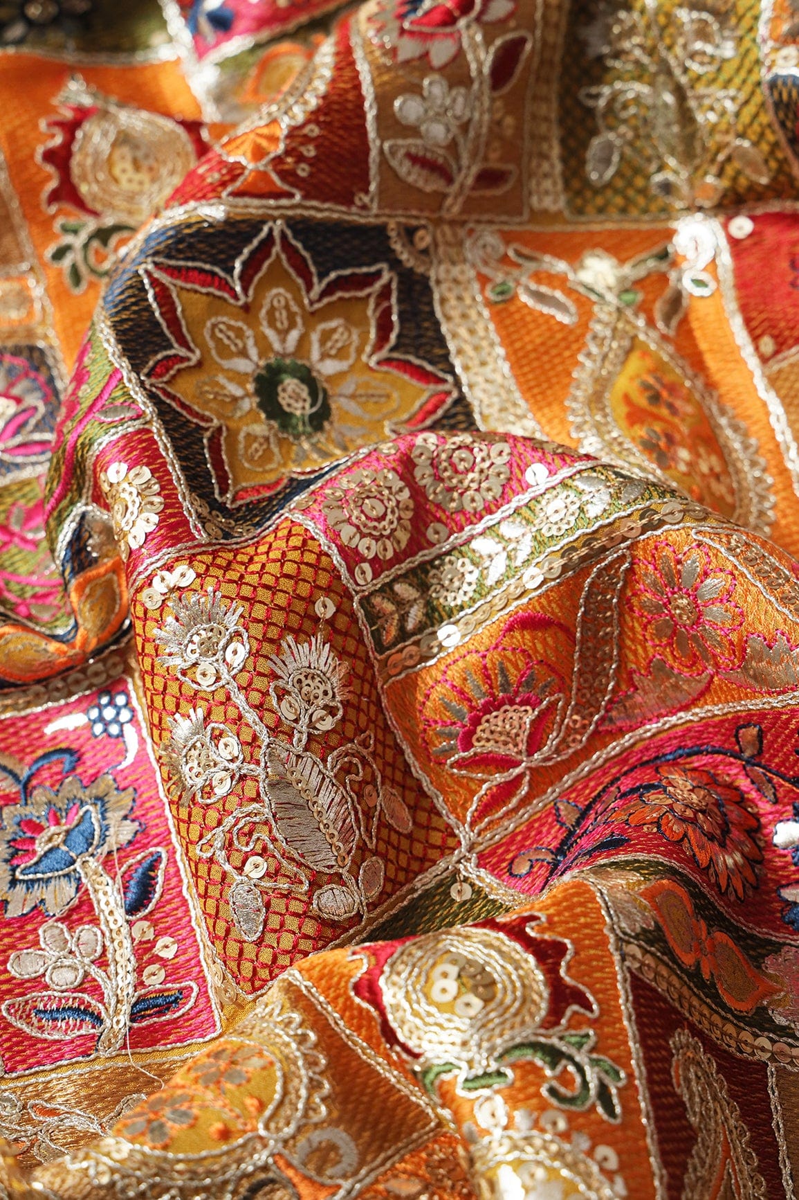 Multi Color Thread With Gold Sequins Traditional Embroidery On Yellow Viscose Georgette Fabric - doeraa