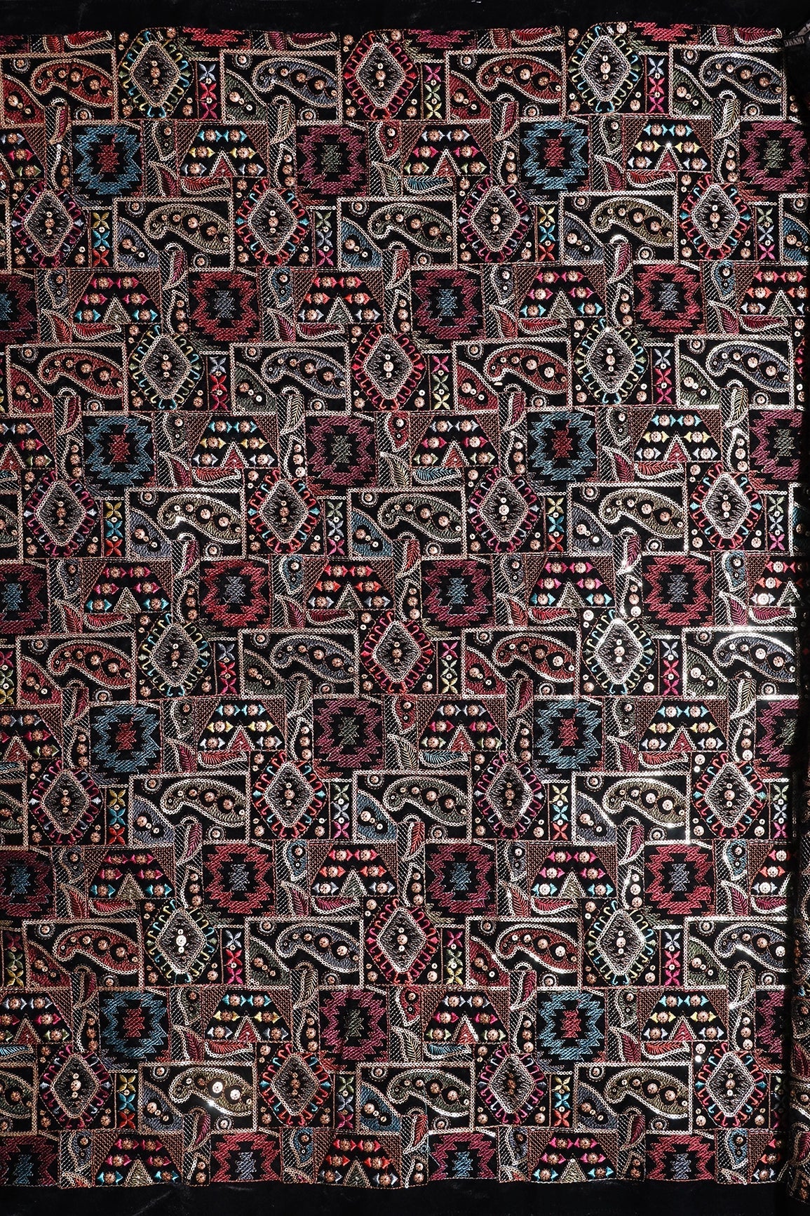 Multi Color Thread With Gold Sequins Traditional Heavy Embroidery Work On Black Velvet Fabric - doeraa