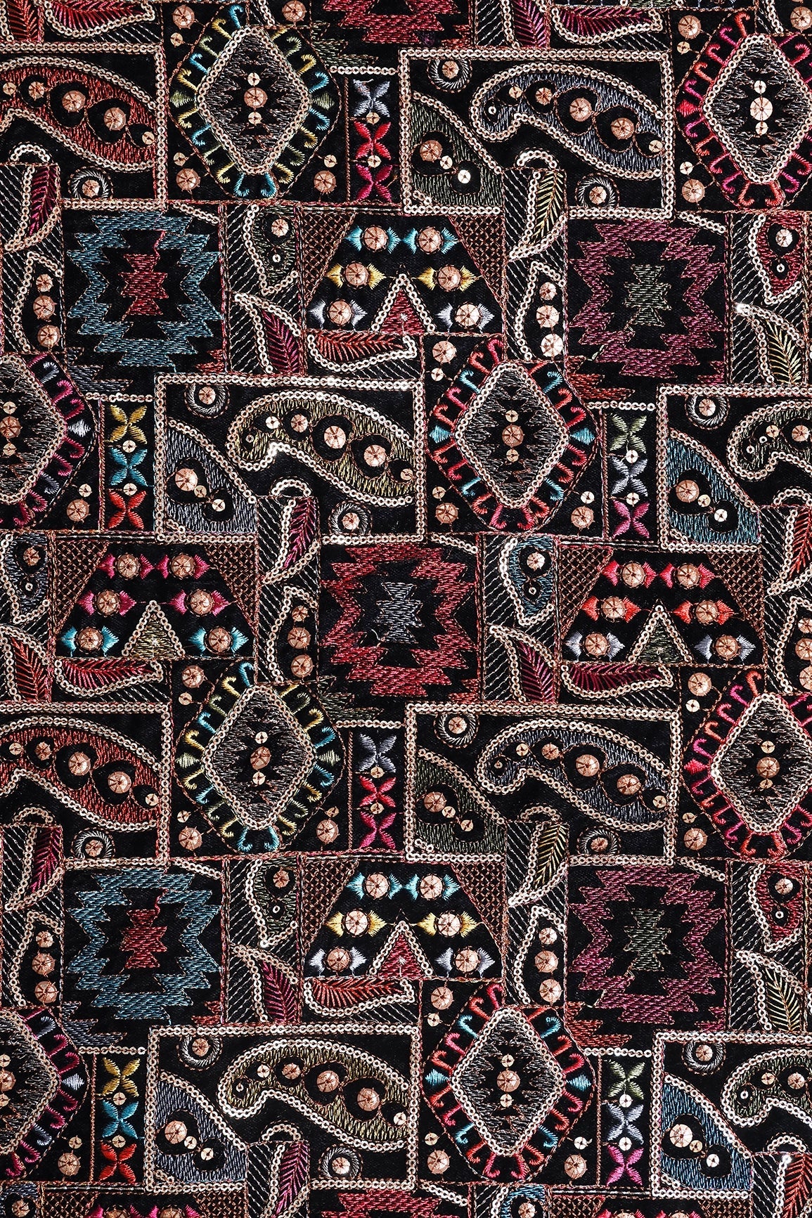 Multi Color Thread With Gold Sequins Traditional Heavy Embroidery Work On Black Velvet Fabric - doeraa