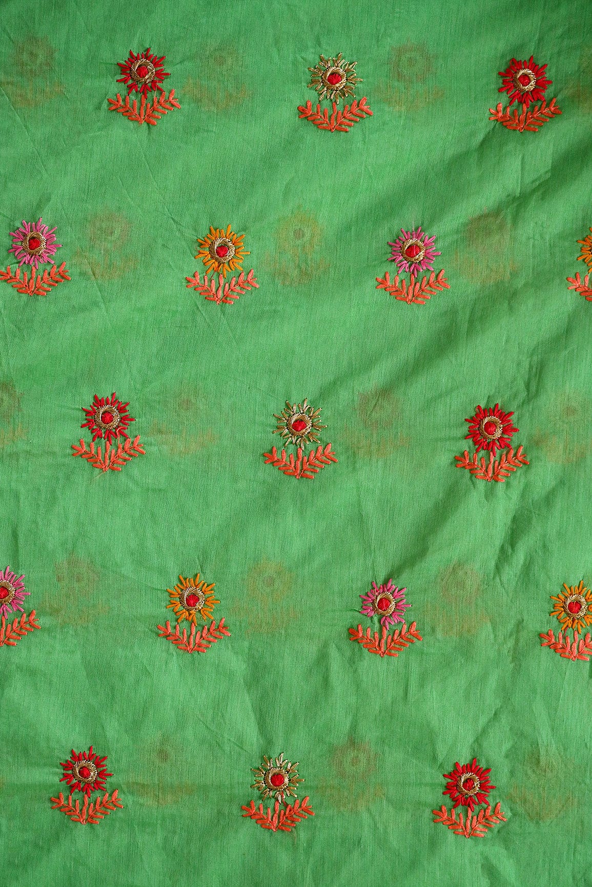 Multi Color Thread With Gold Zari Floral Embroidery Work On Green Chanderi Fabric - doeraa