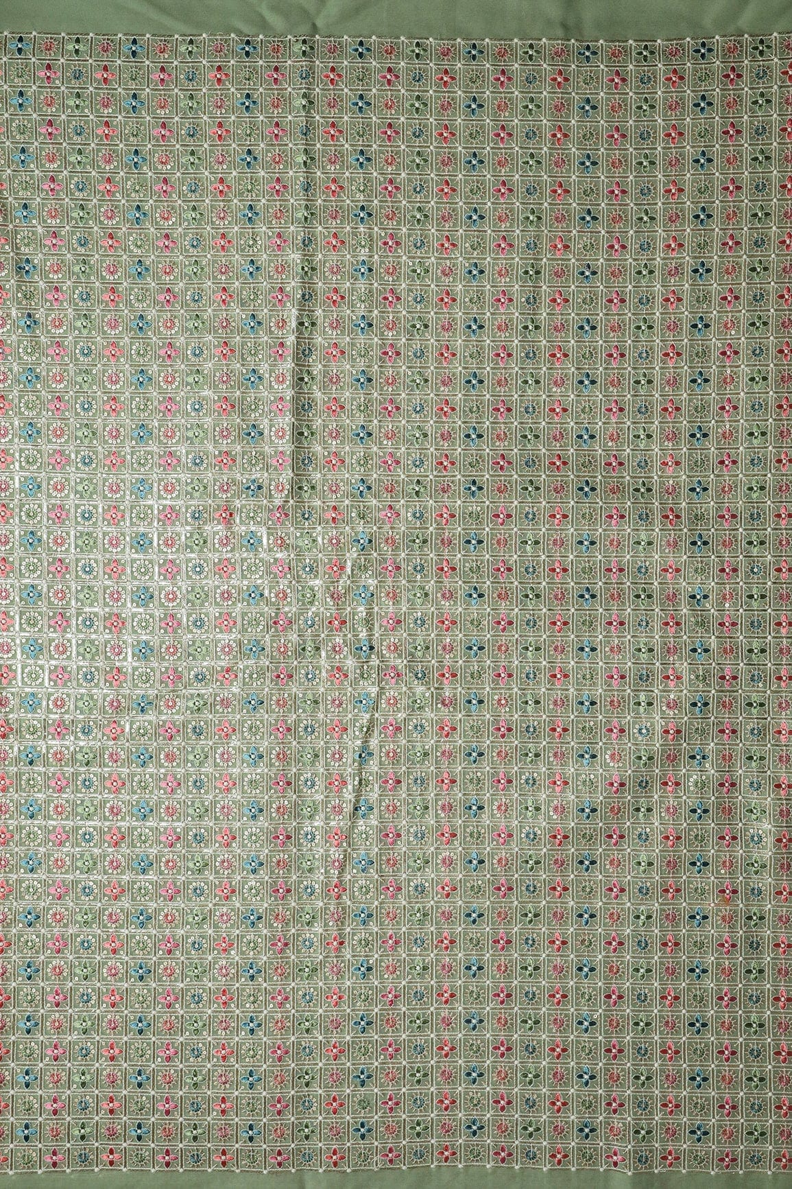 Multi Color Thread With Sequin Small Checks Embroidery On Olive Viscose Georgette Fabric - doeraa